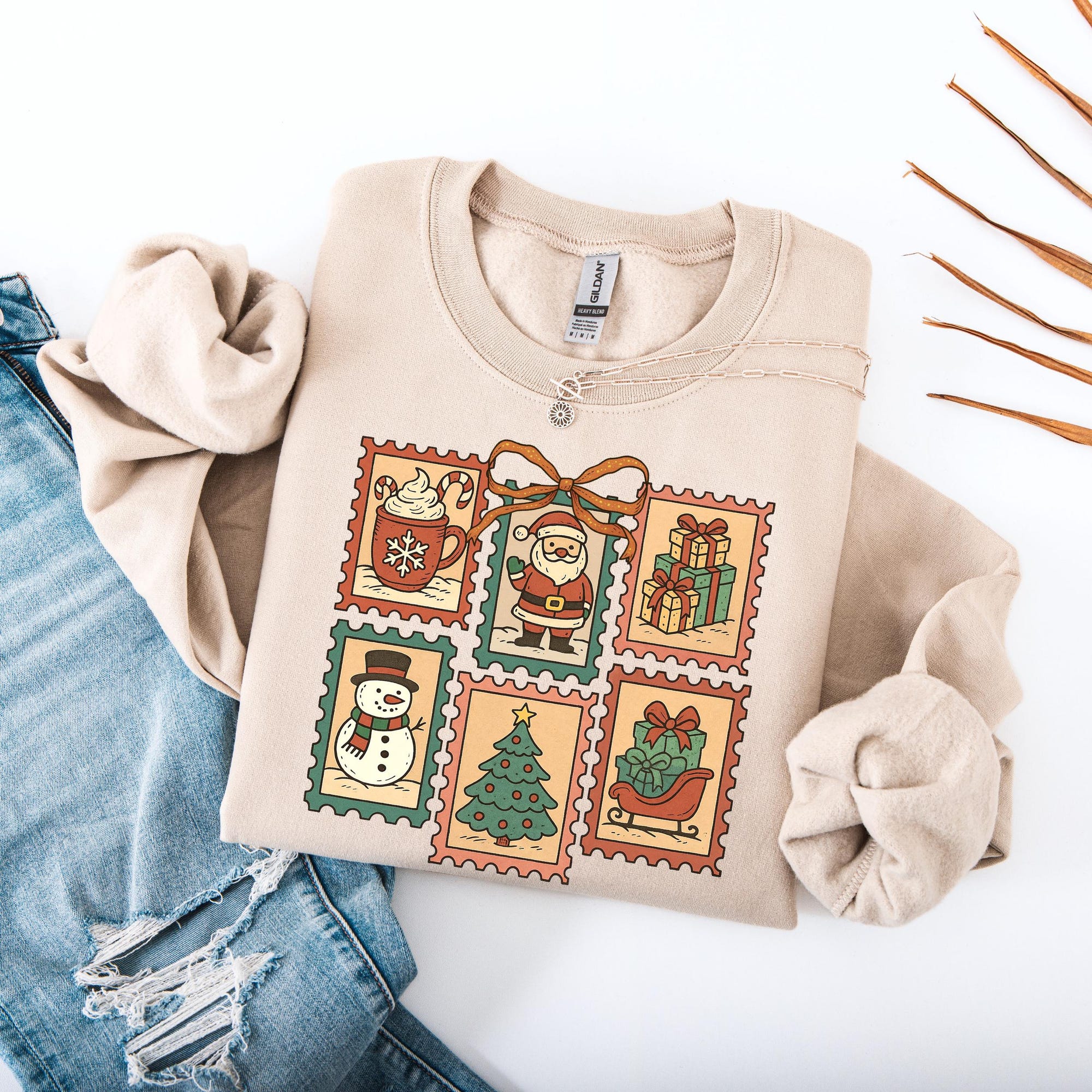 Vintage Christmas Sweatshirt, Retro Christmas Shirt, Santa Claus Shirt, Christmas Stamps Shirt, Christmas Tree Shirt, Merry Christmas Shirt