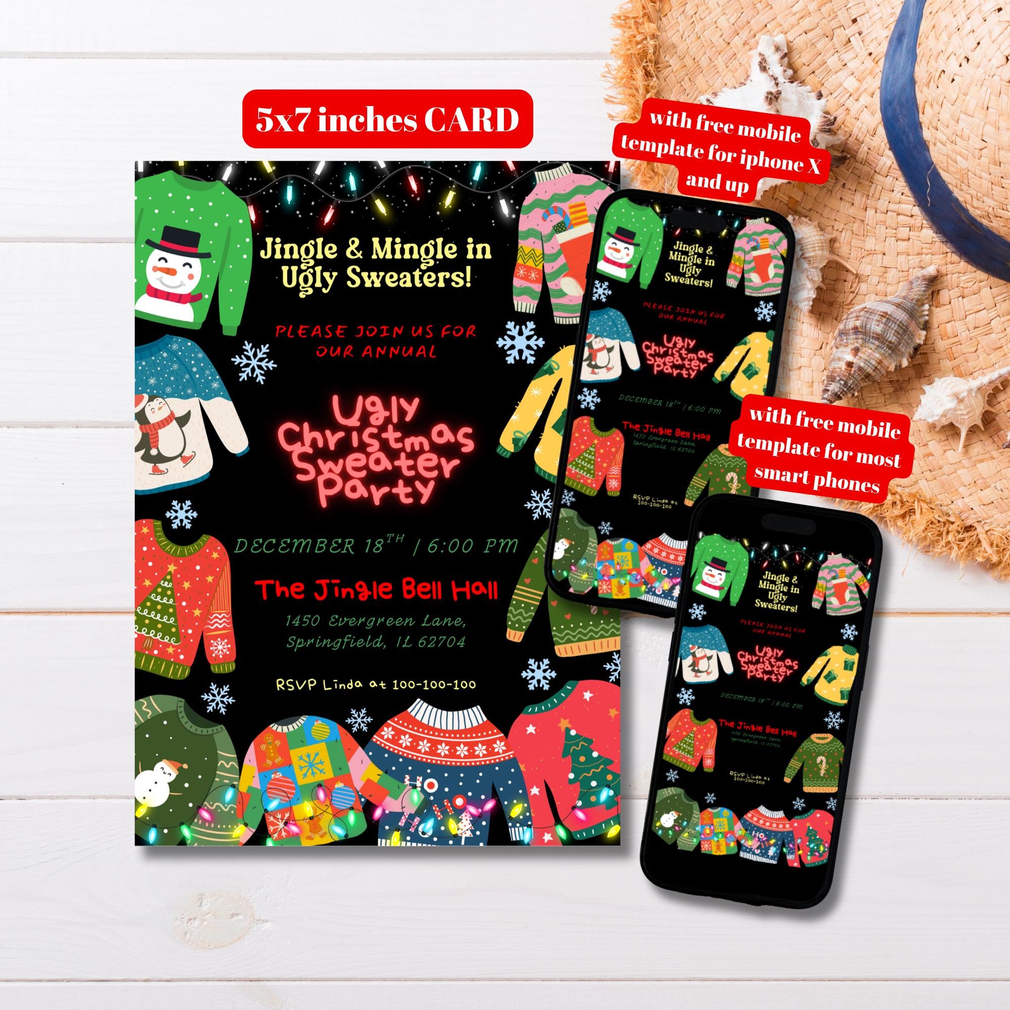 Editable Black Ugly Sweater Christmas Party Invitation Template, Printable Ugly Sweater Party Invite, Christmas Ugly Sweater Evite