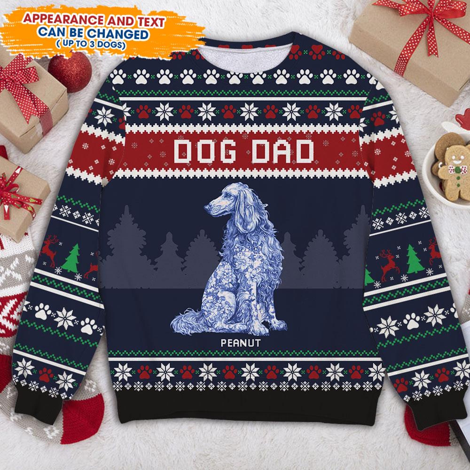 Dog Mom Dog Dad Ugly Christmas Sweater, Personalized Dog Lover Gift, Custom Pet Name Jumper, Unisex Holiday Sweater for Christmas