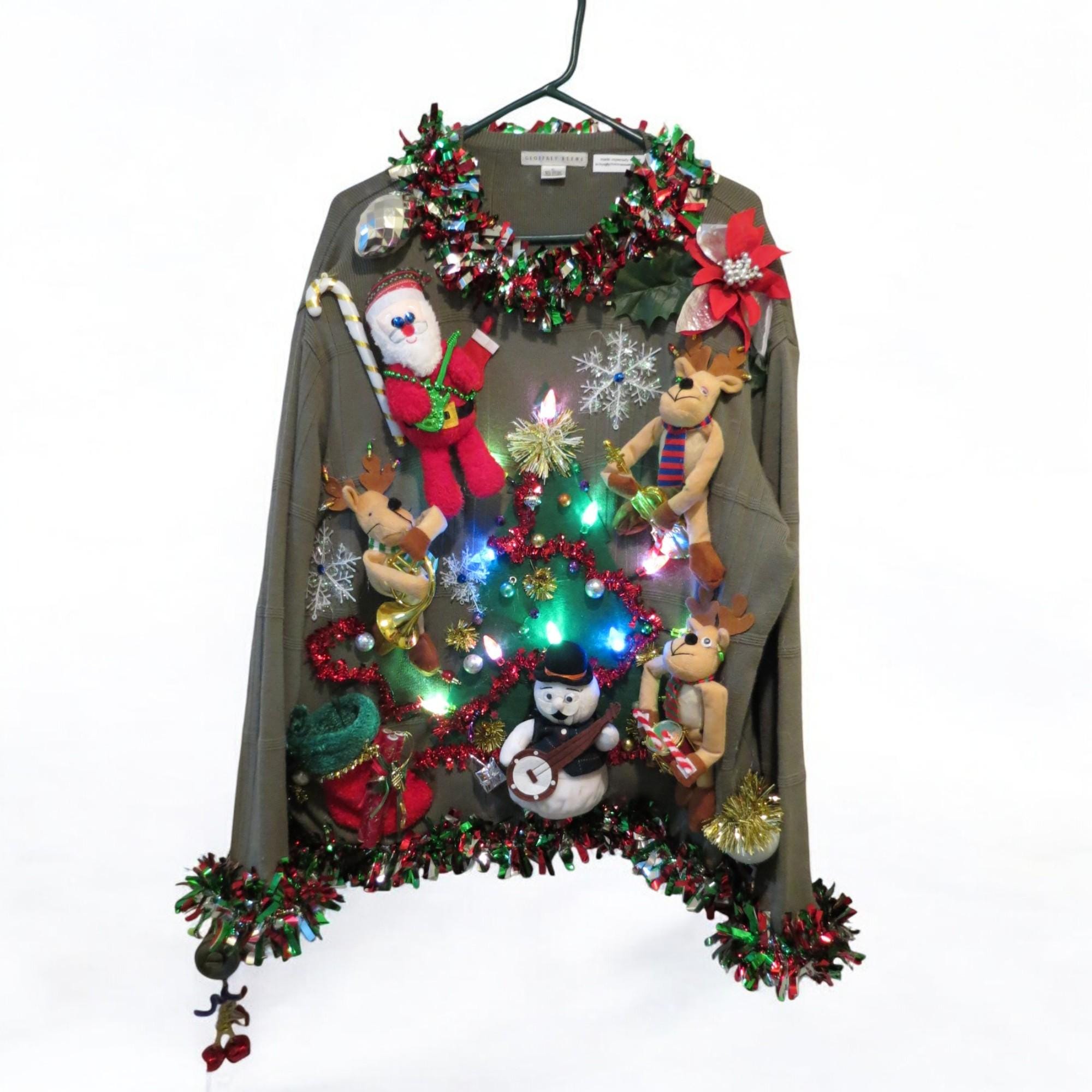 3-D  Santa and Reindeer Band, Music making, Tacky Ugly Christmas Sweater, Hilarious Fun unisex XLarge, funny sweater,  Rockin Reindeer