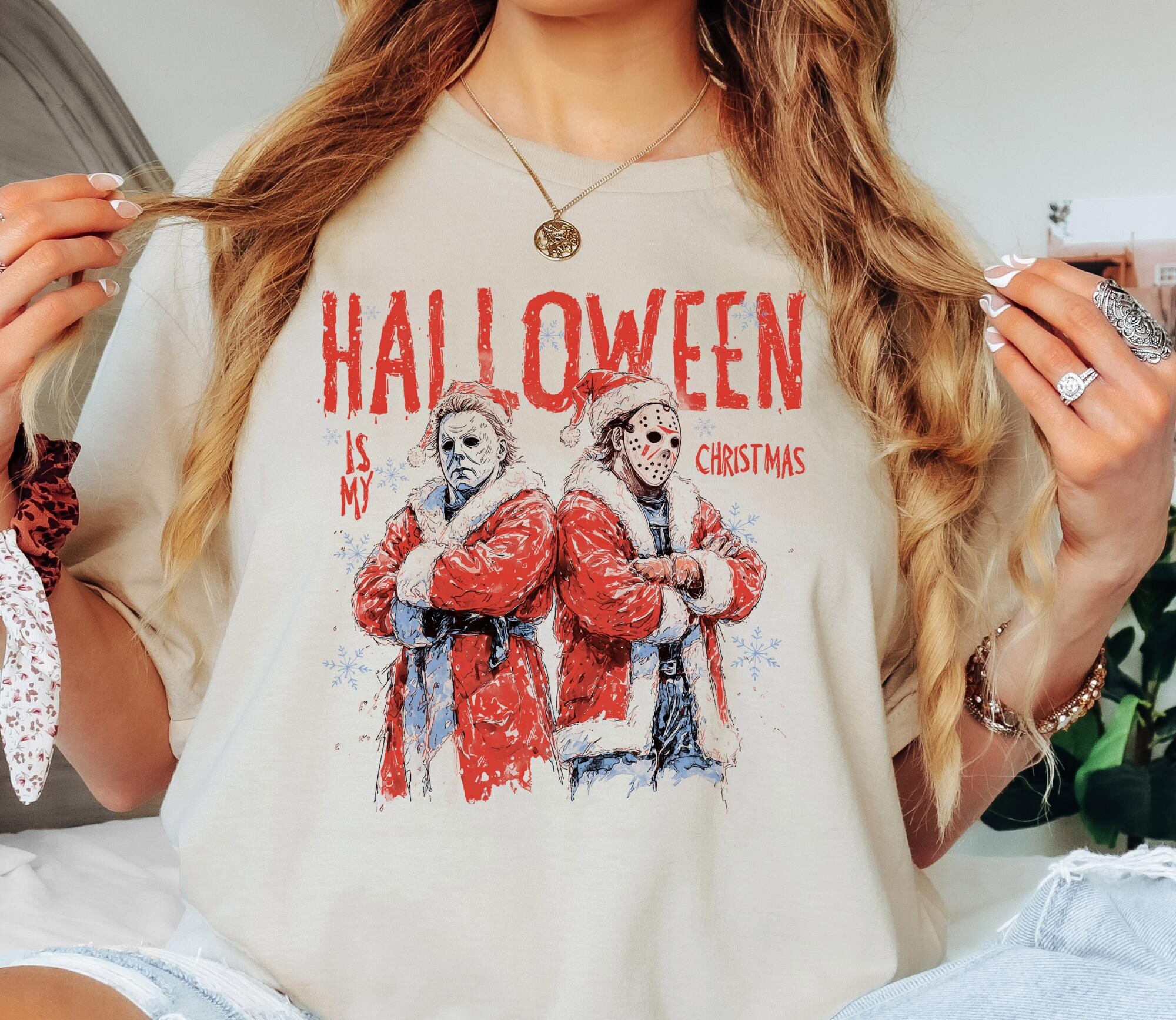 il_2000xN.7178259599_ixtp-1.jpg Halloween Christmas T-Shirt, Horror Movie Holiday Tee, Funny Killer Character Scary Shirt