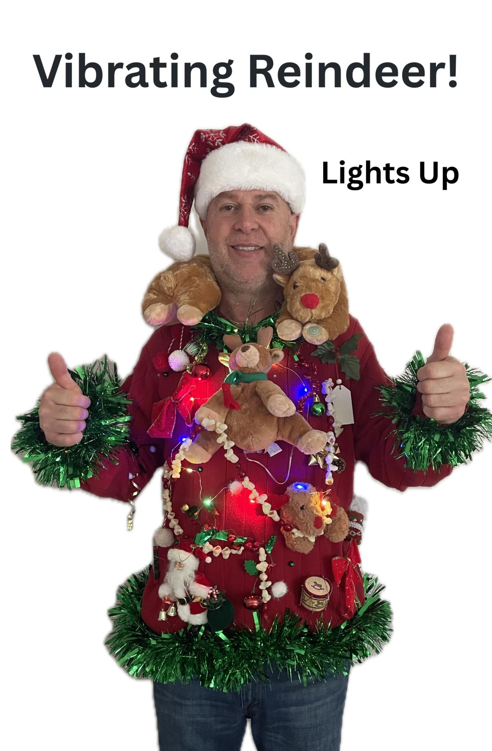 Light Up 3D Ugly Christmas Sweater- Reindeer Neck Massager & Santa Plush