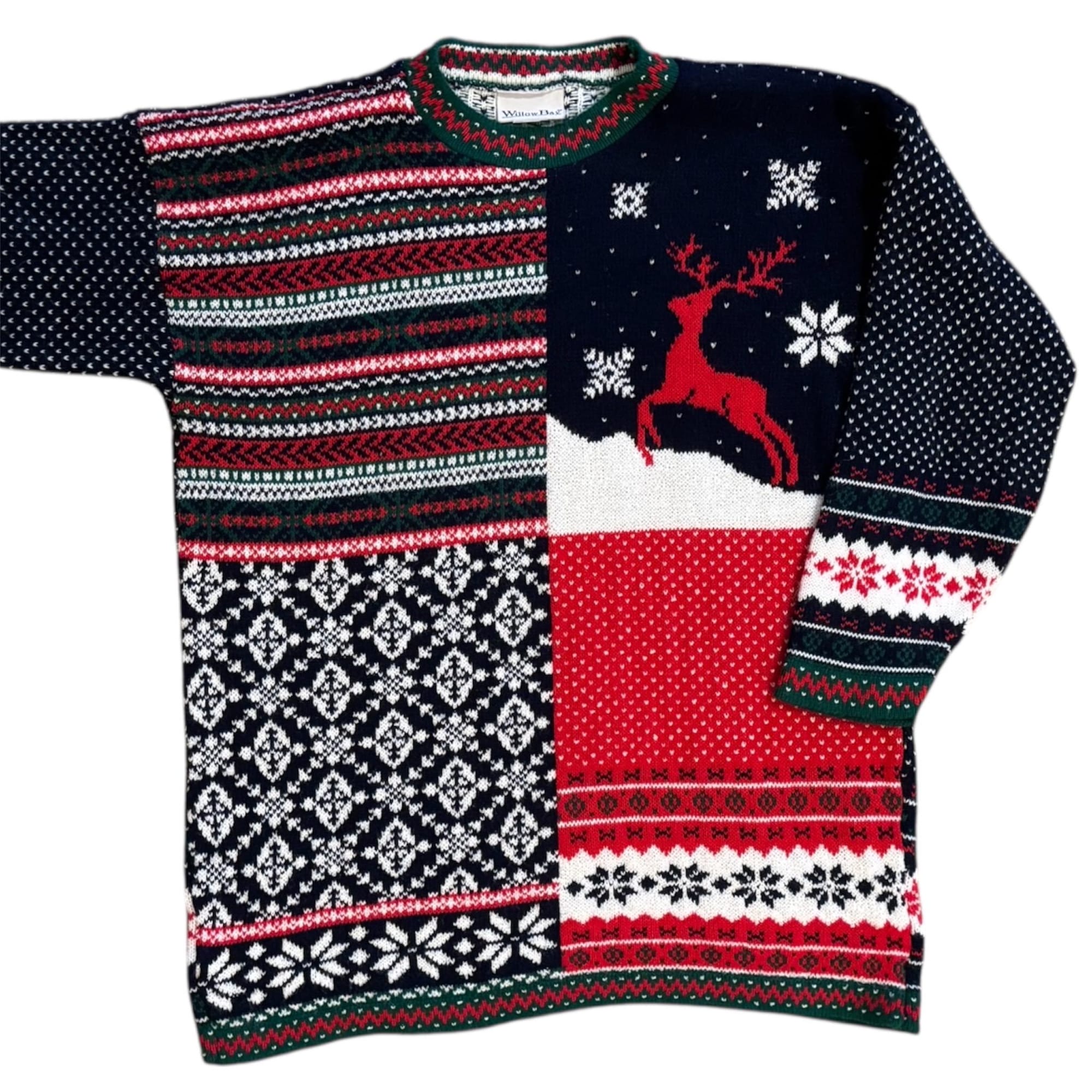 Vintage Willow Bay Christmas Sweater – Patchwork Reindeer Fair Isle Knit (Made in USA)