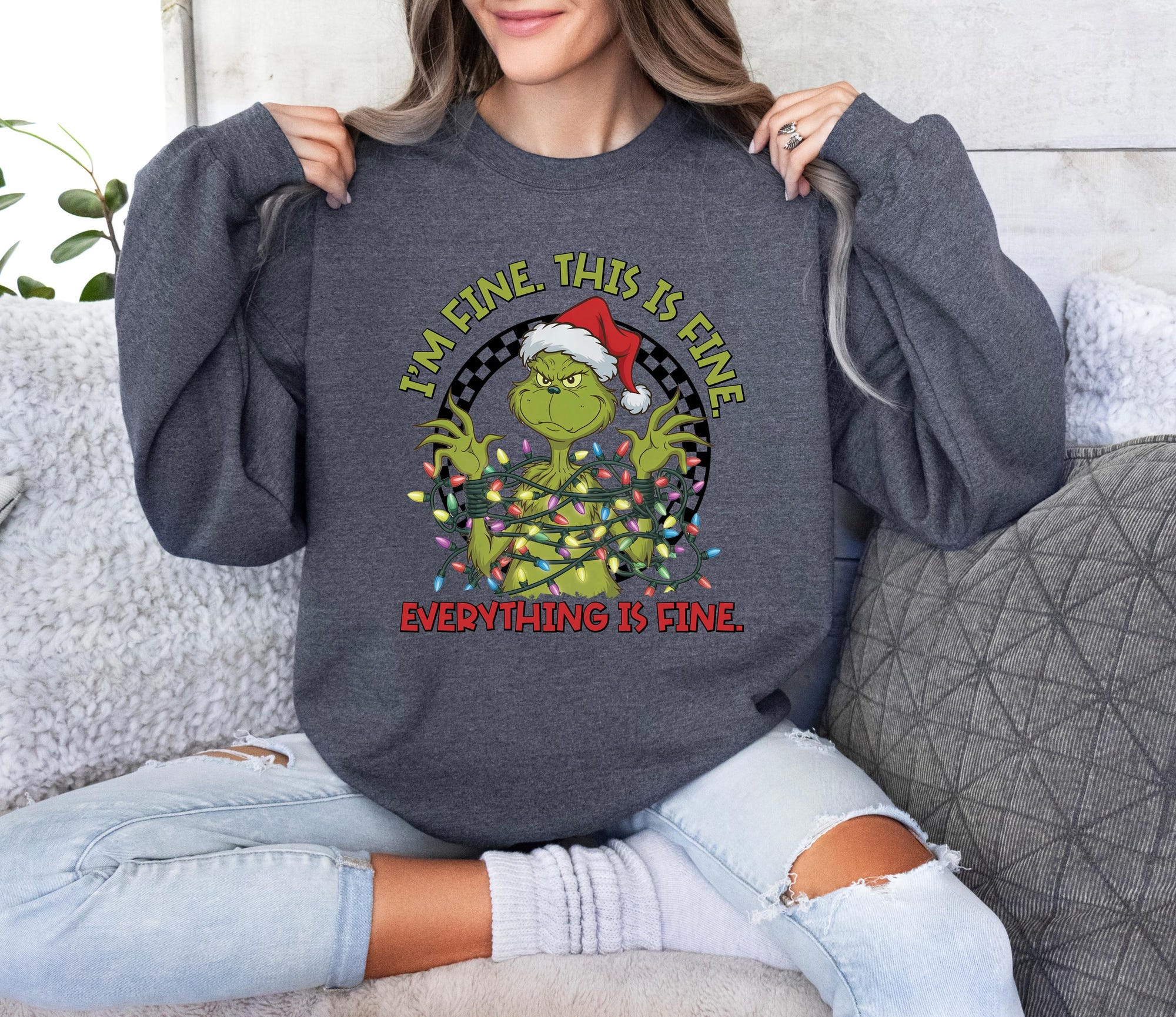 il_2000xN.7185180244_gqo1-1.jpg Funny Grinch Sweatshirt, I'm Fine Everything is Fine Grinch Shirt, Grinchmas Season, Christmas tShirt, Christmas Gift, Christmas Lights tee
