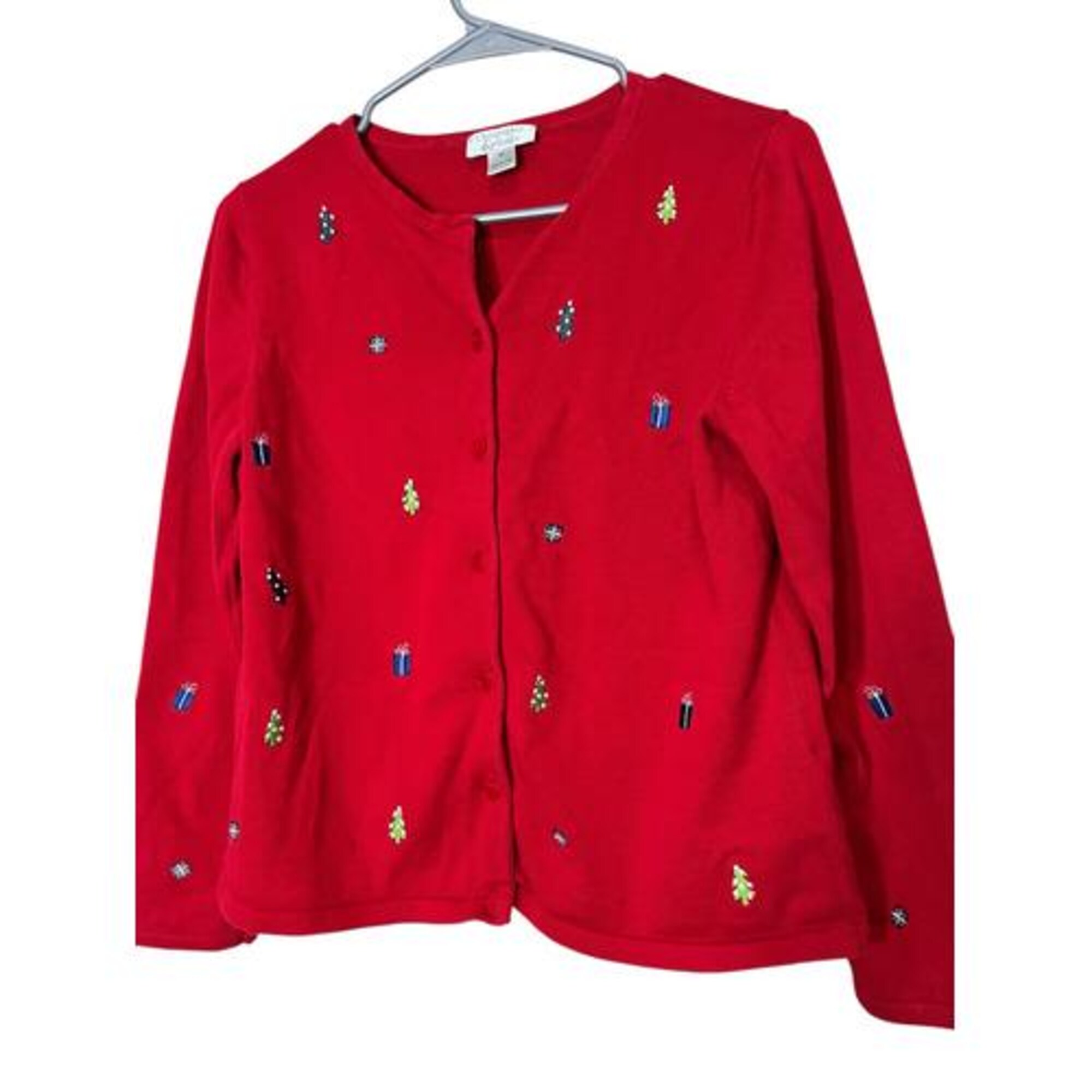 il_2000xN.7185436174_d7v8.jpg Christopher & Banks Ugly Christmas Sweater thin knit cardigan Embroidered Size M