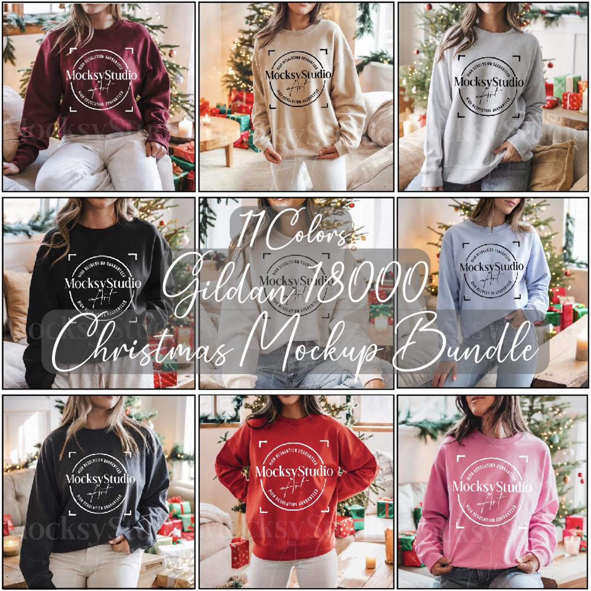 Gildan 18000 Sweatshirt Christmas Mockup Bundle, Cozy Casual Holiday Christmas Aesthetic Mockup Bundle, Holiday Sweatshirt Mockups