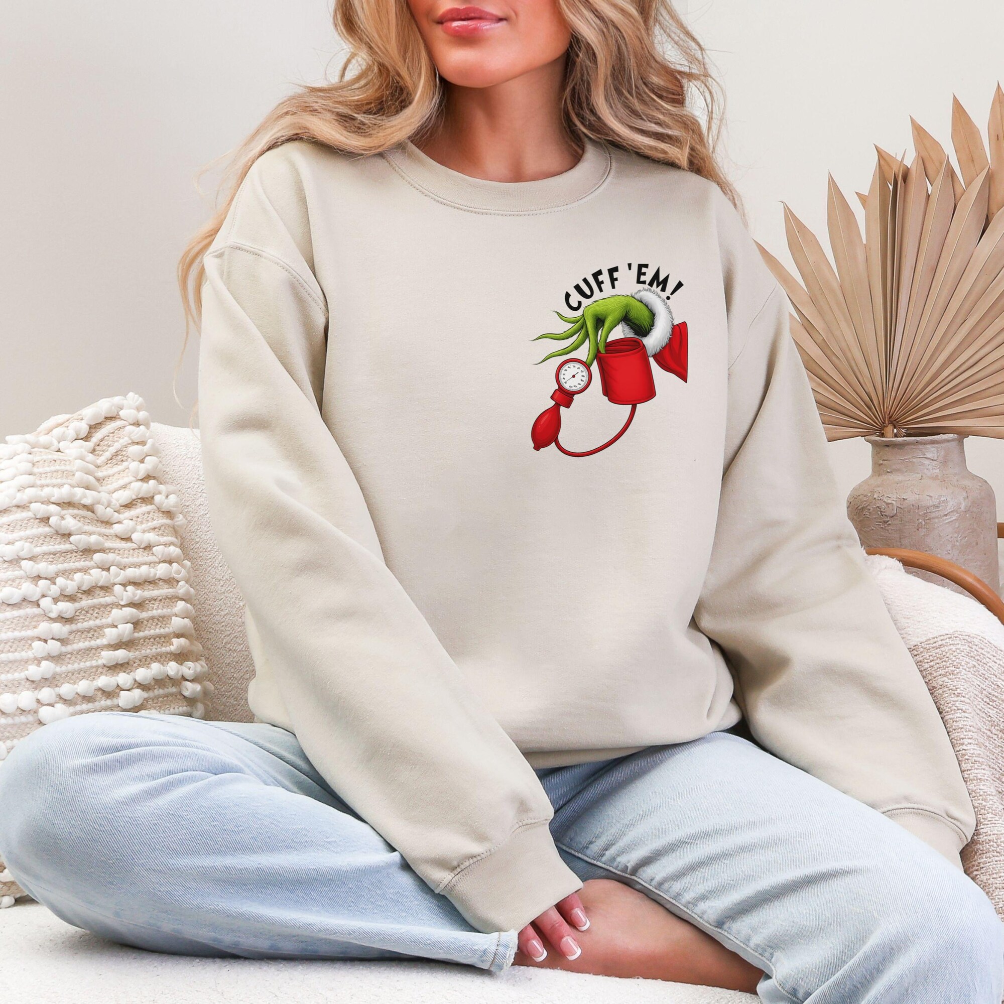 Funny Cuff Em Nurse RN LPN Christmas Sweatshirt, Grinchy Hand Stethoscope Sweatshirt, Funny Medical Christmas Gift Healthcare Worker