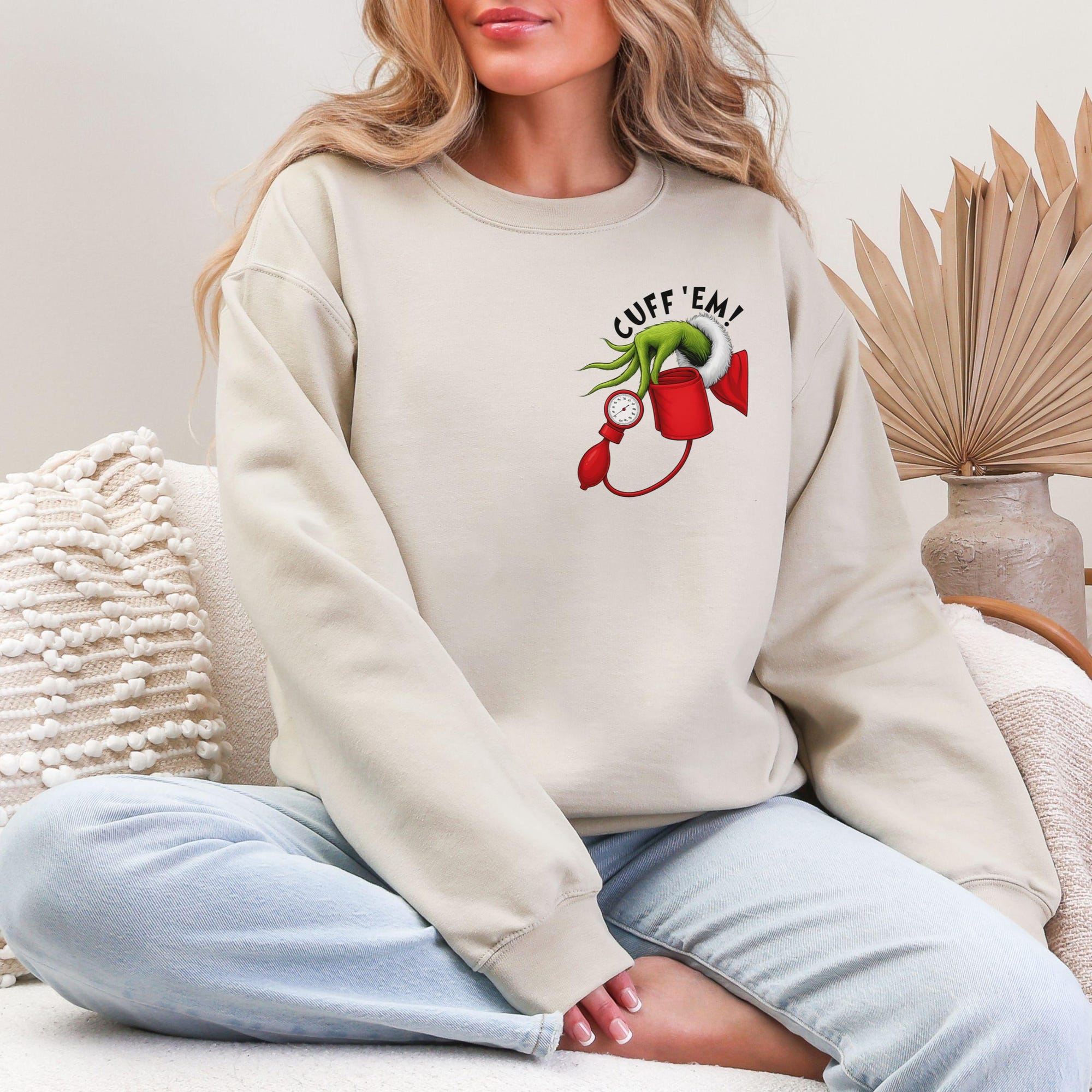 Funny Cuff Em Nurse RN LPN Christmas Sweatshirt, Grinchy Hand Stethoscope Sweatshirt, Funny Medical Christmas Gift Healthcare Worker