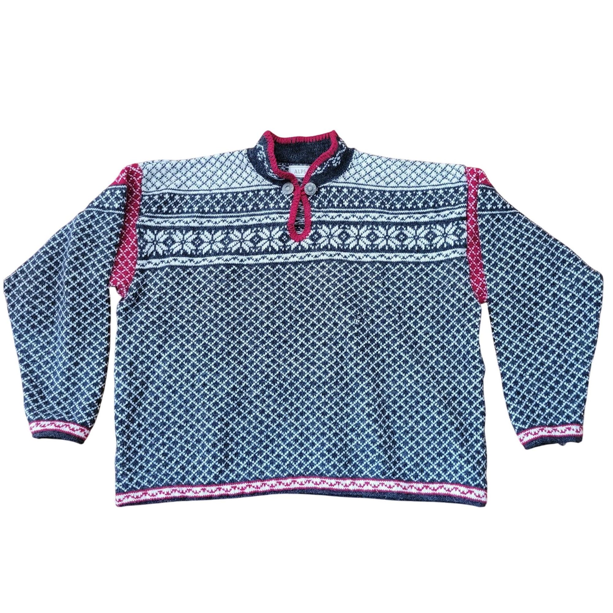 Alps XL Wool Nordic Sweater Metal Buttons Black White Gray Red Y2K 90s