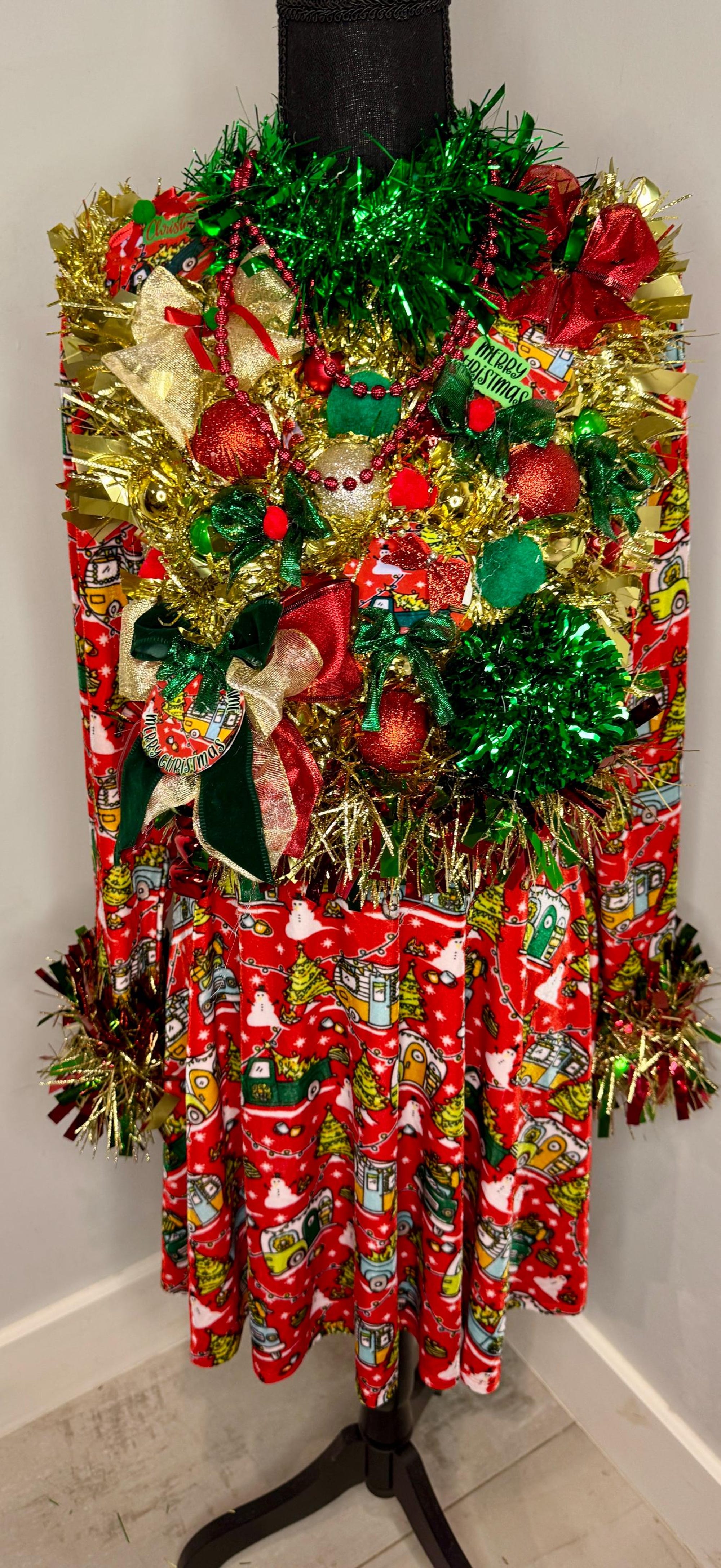 Funny, Handmade, One of a Kind, Tacky, Gaudy Sparkling, Upcycled, Camping, Ugly Sweater Dress.  Size Medium