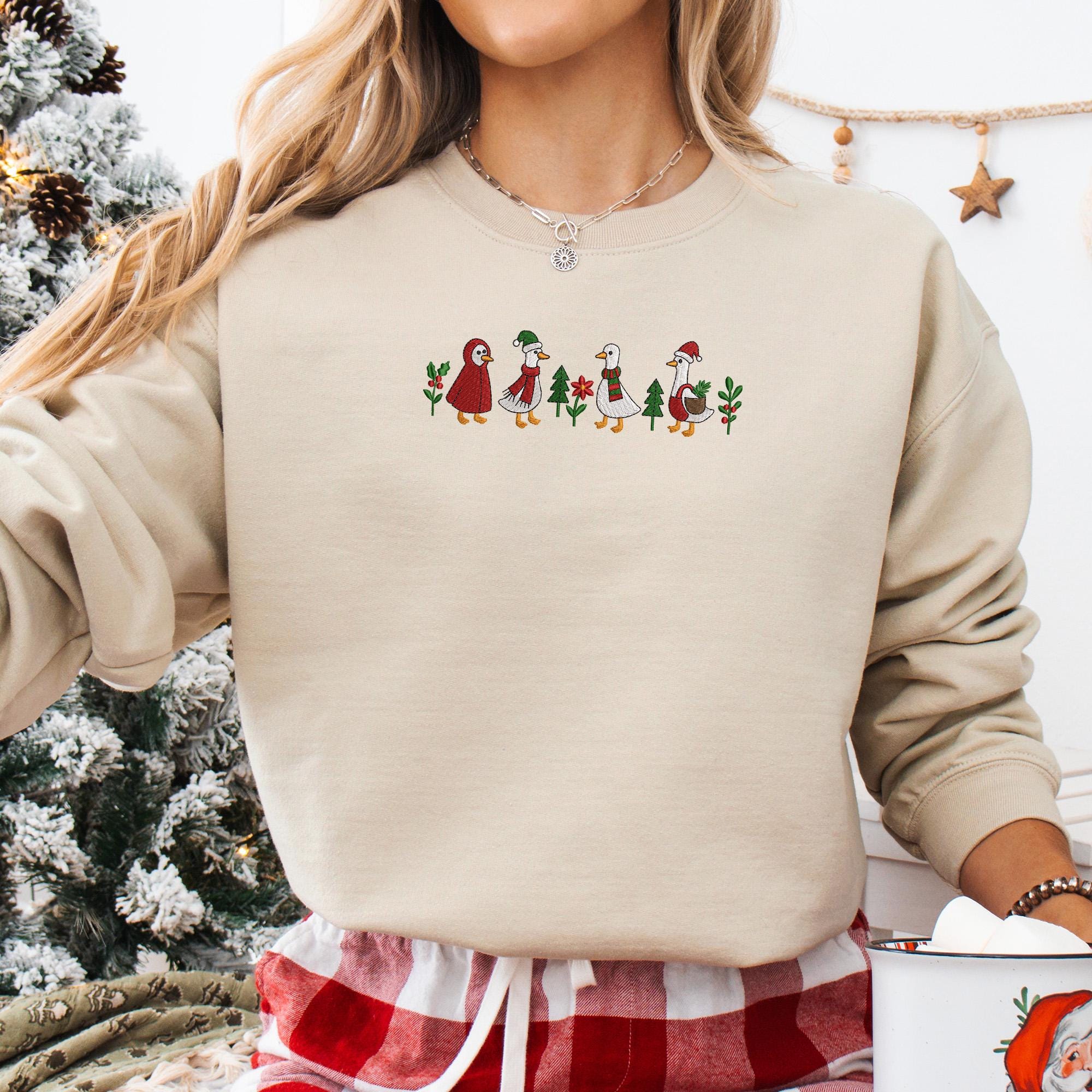 il_2000xN.7194686864_xdzg-1.jpg Funny Goose Embroidered Christmas Sweatshirt, Cute Holiday Duck Crewneck, Cozy Winter Embroidery Gift, MADE IN USA