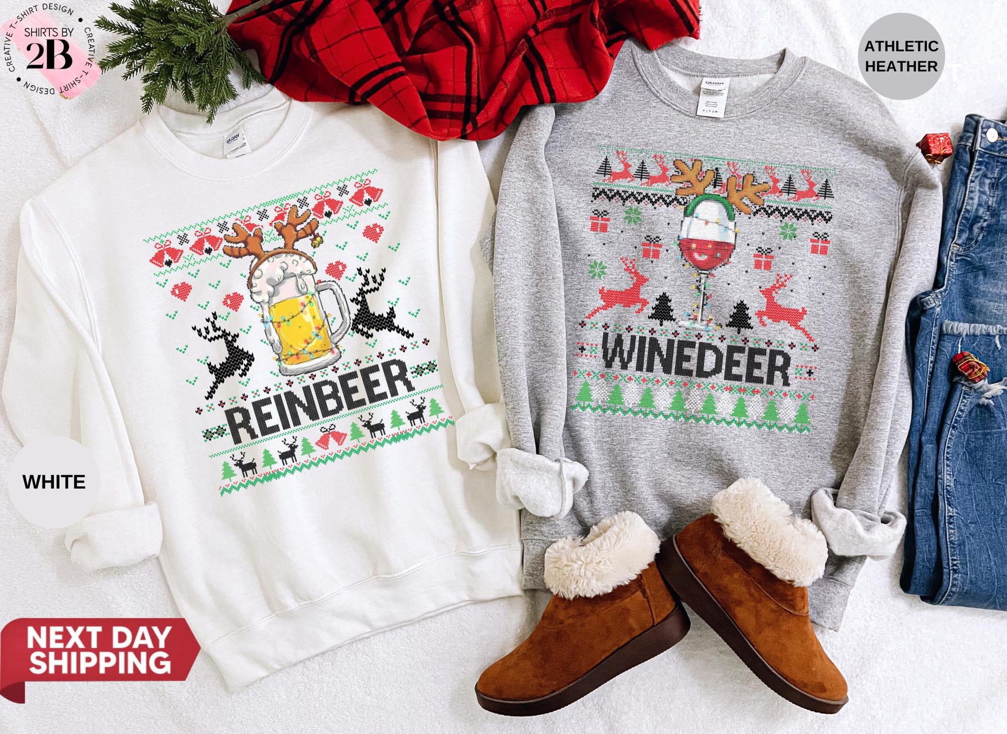 Winedeer Reinbeer Ugly Christmas Sweatshirt: Funny Couple Winter Hoodie