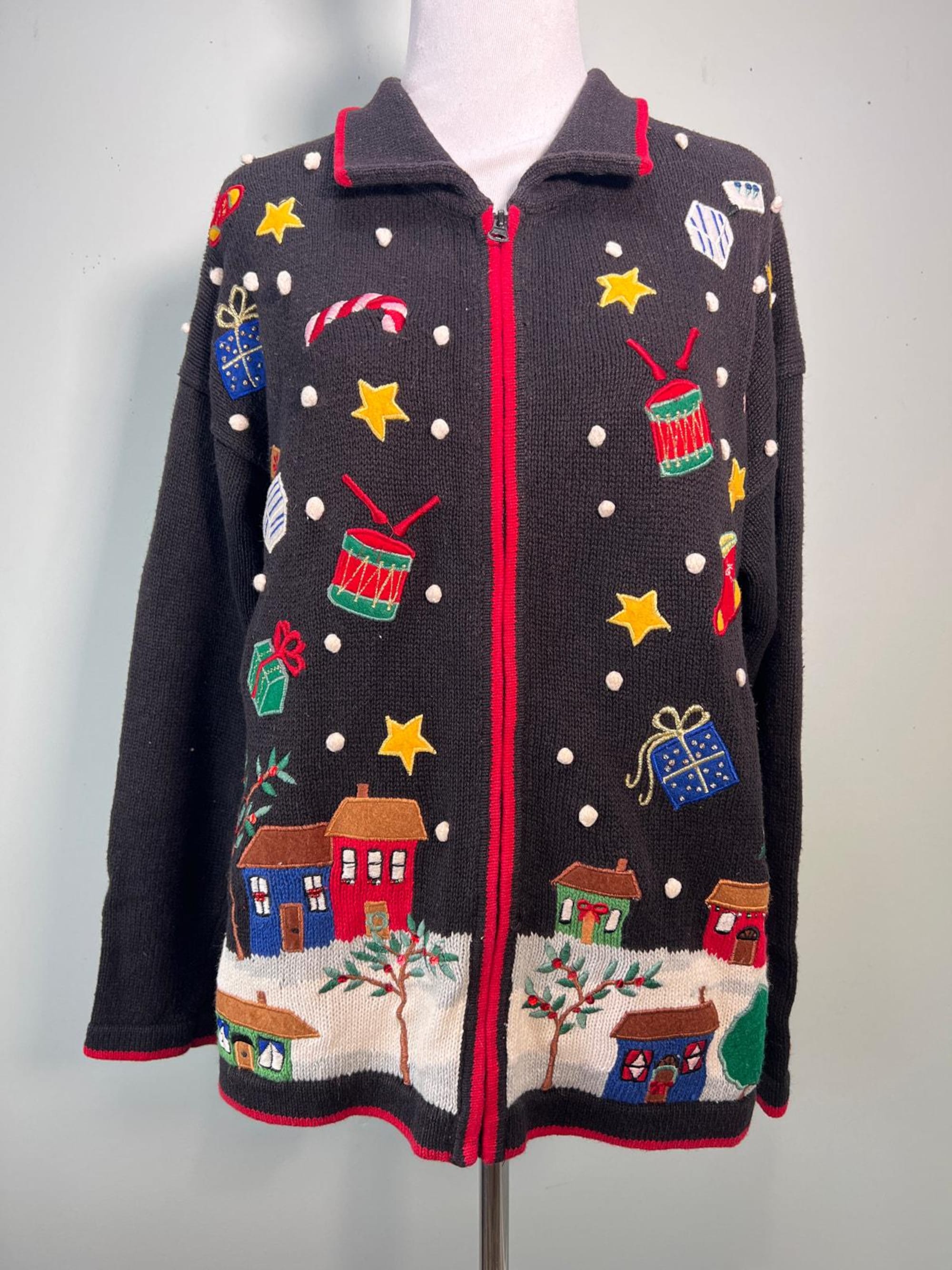 Vintage Christmas Sweater Medium Black Embroidered Applique Full Zip Tiara Intnl