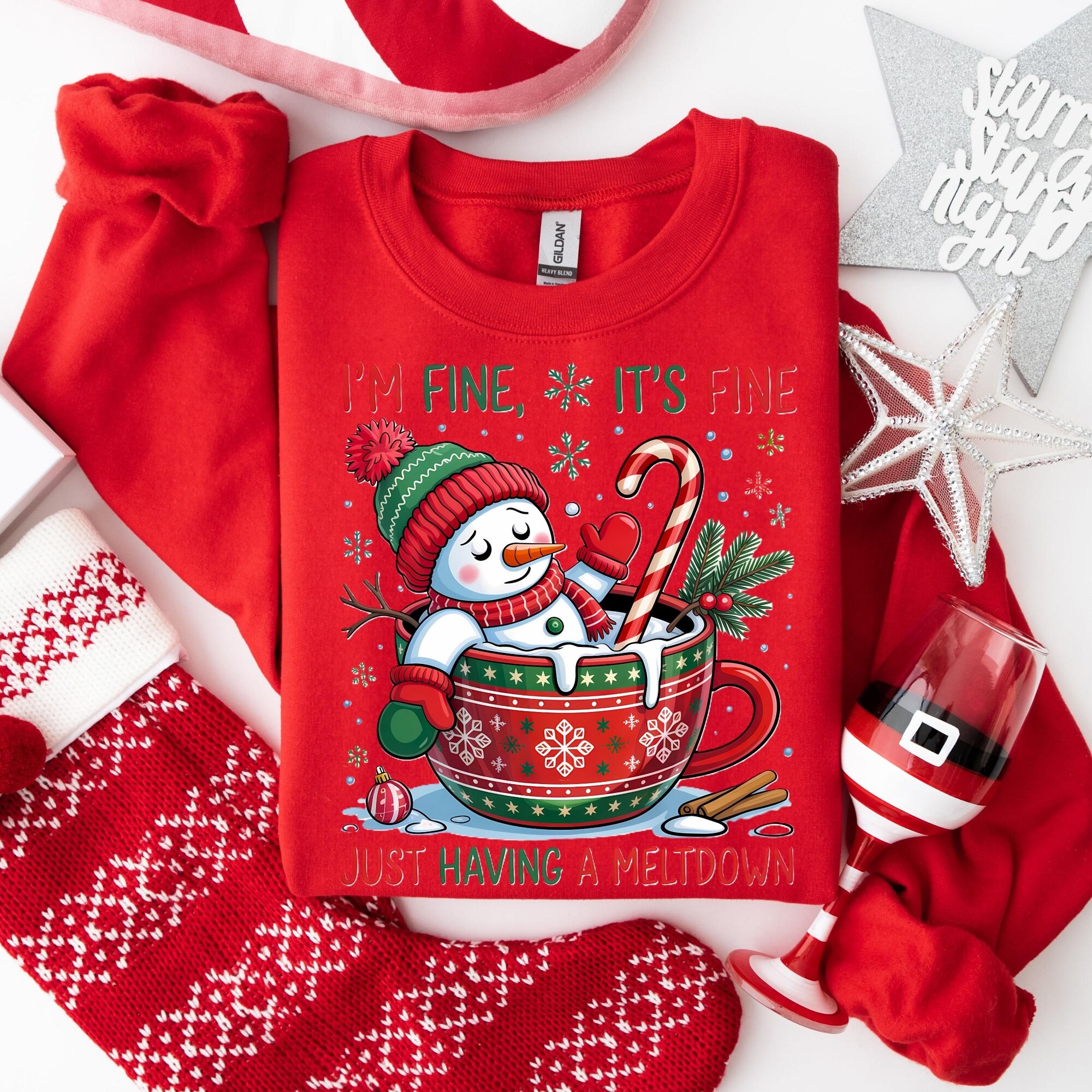 il_2000xN.7201608946_hjge-1.jpg Funny Christmas Snowman Sweatshirt I’m Fine It’s Fine Just Having A Meltdown Holiday Humor Winter Hot Cocoa Ugly Xmas Graphic Pullover