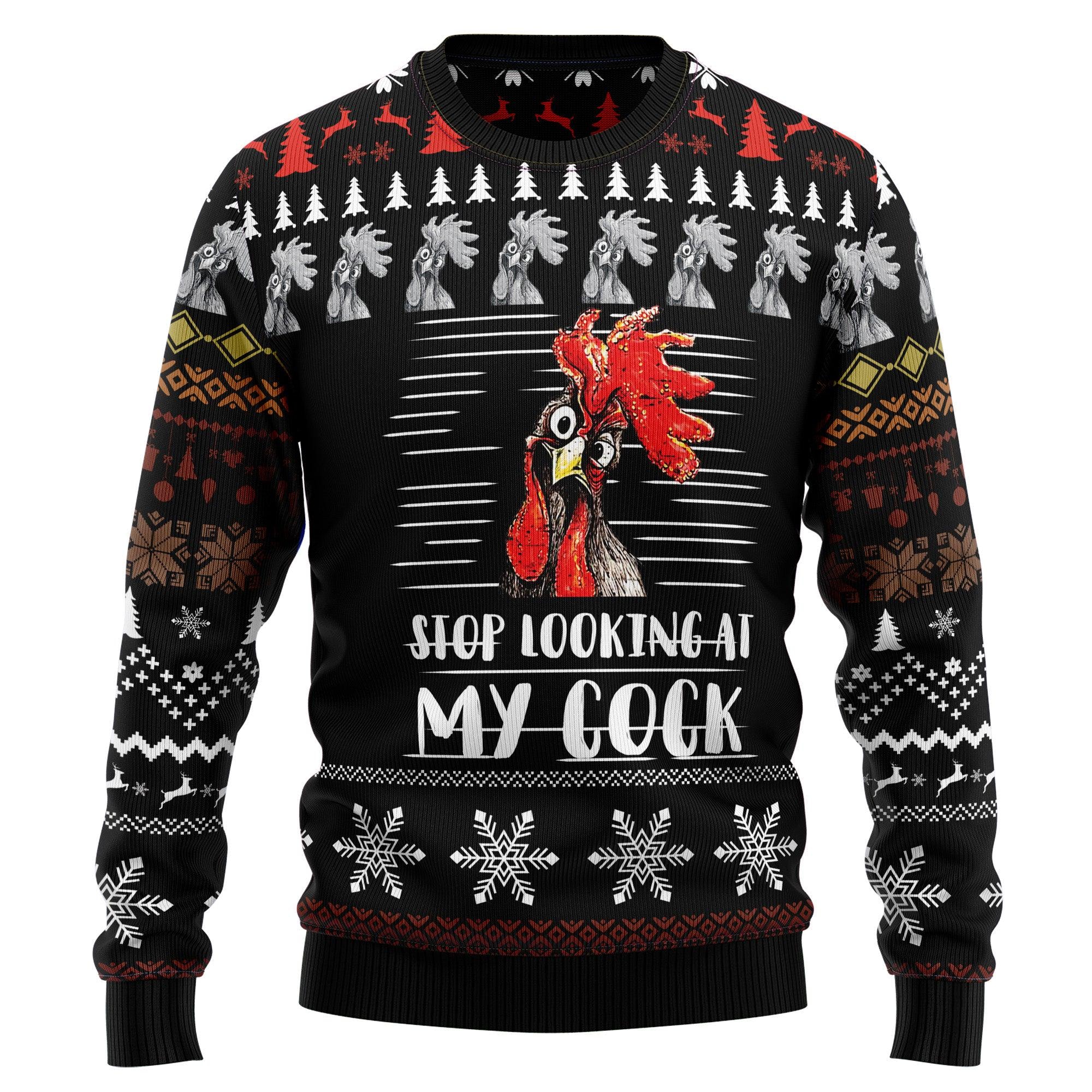 Funny Rooster Christmas Sweater, Stop Looking at My Cock Ugly Xmas Sweatshirt, Hilarious Holiday Party Sweater, Farm Animal Gift