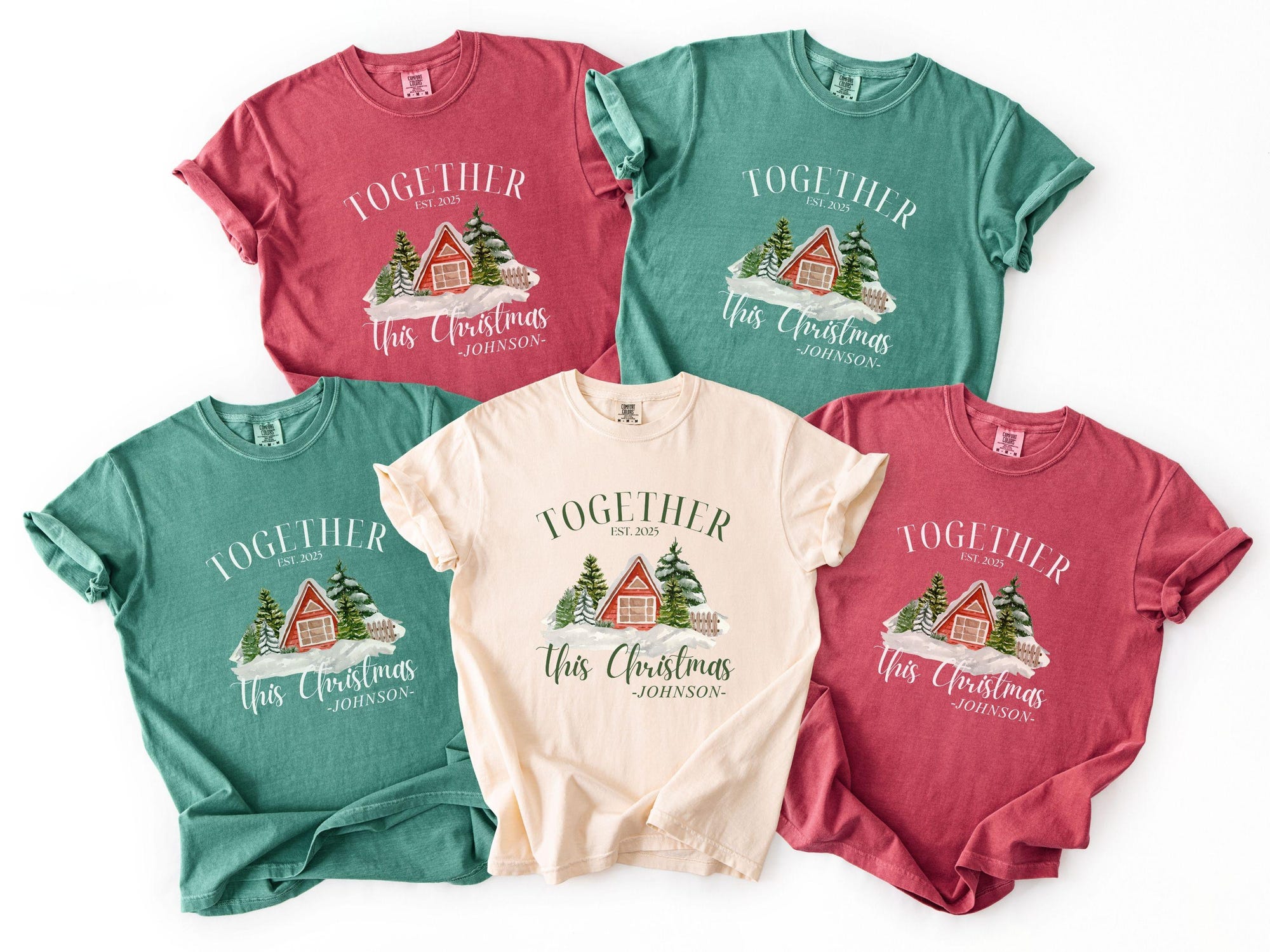 Custom Family Christmas Shirts, Together This Christmas Cabin Shirt 2025, Personalized Holiday Pajamas Tee, Family Name Xmas Gift For Group