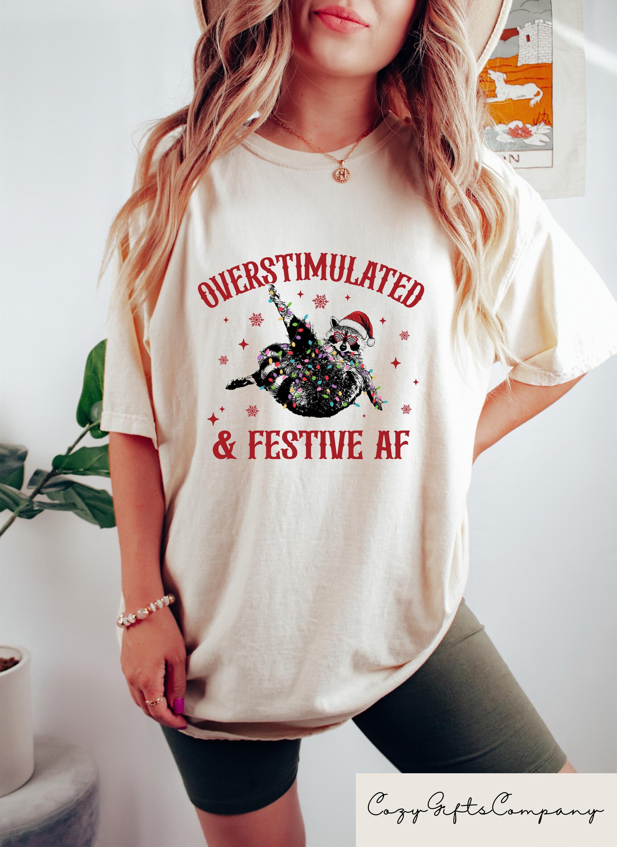 Overstimulated And Festive AF Raccoon Christmas Shirt, Funny Christmas Holiday Tee, Holiday Humor Gift, Festive Raccoon Santa Sweatshirt