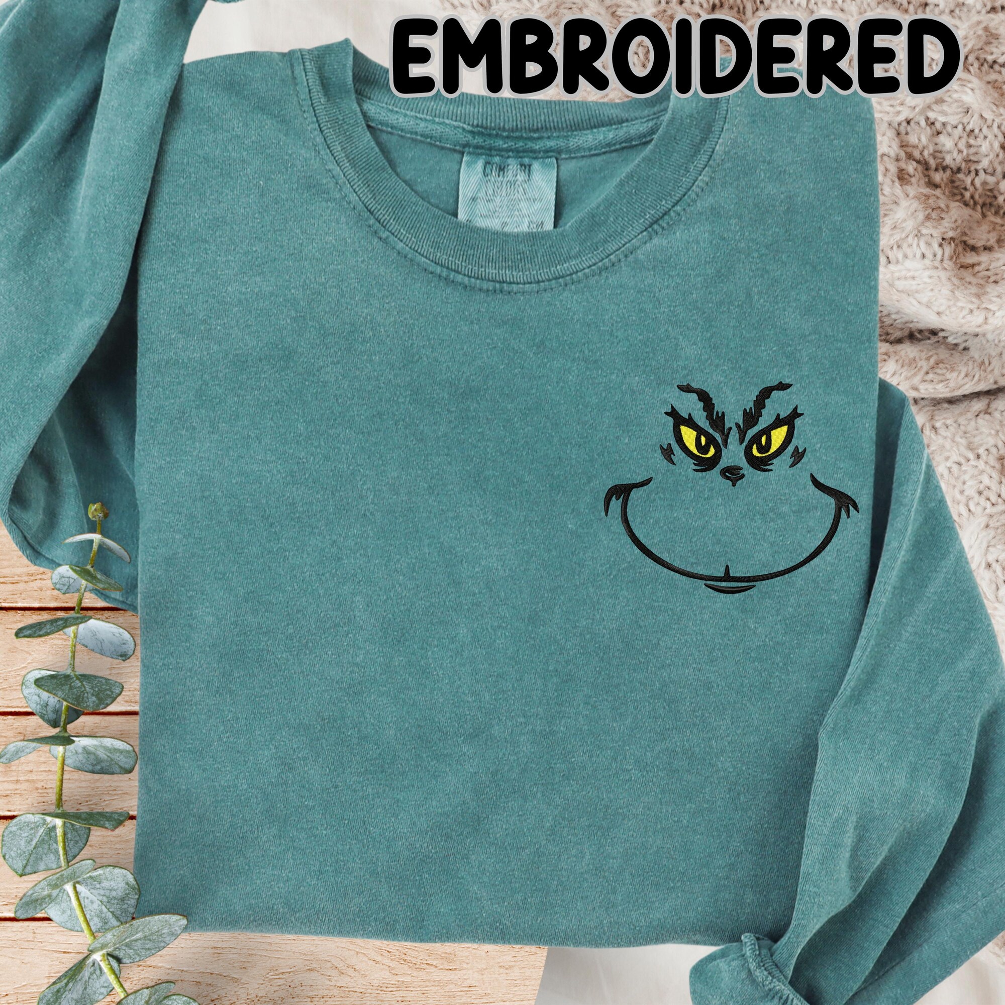 Comfort Colors Grinch Face Shirt, Embroidered Cute Grinch T-Shirt, The Grinch  Christmas Shirt, Short or Long Sleeve Holiday Gift TShirt