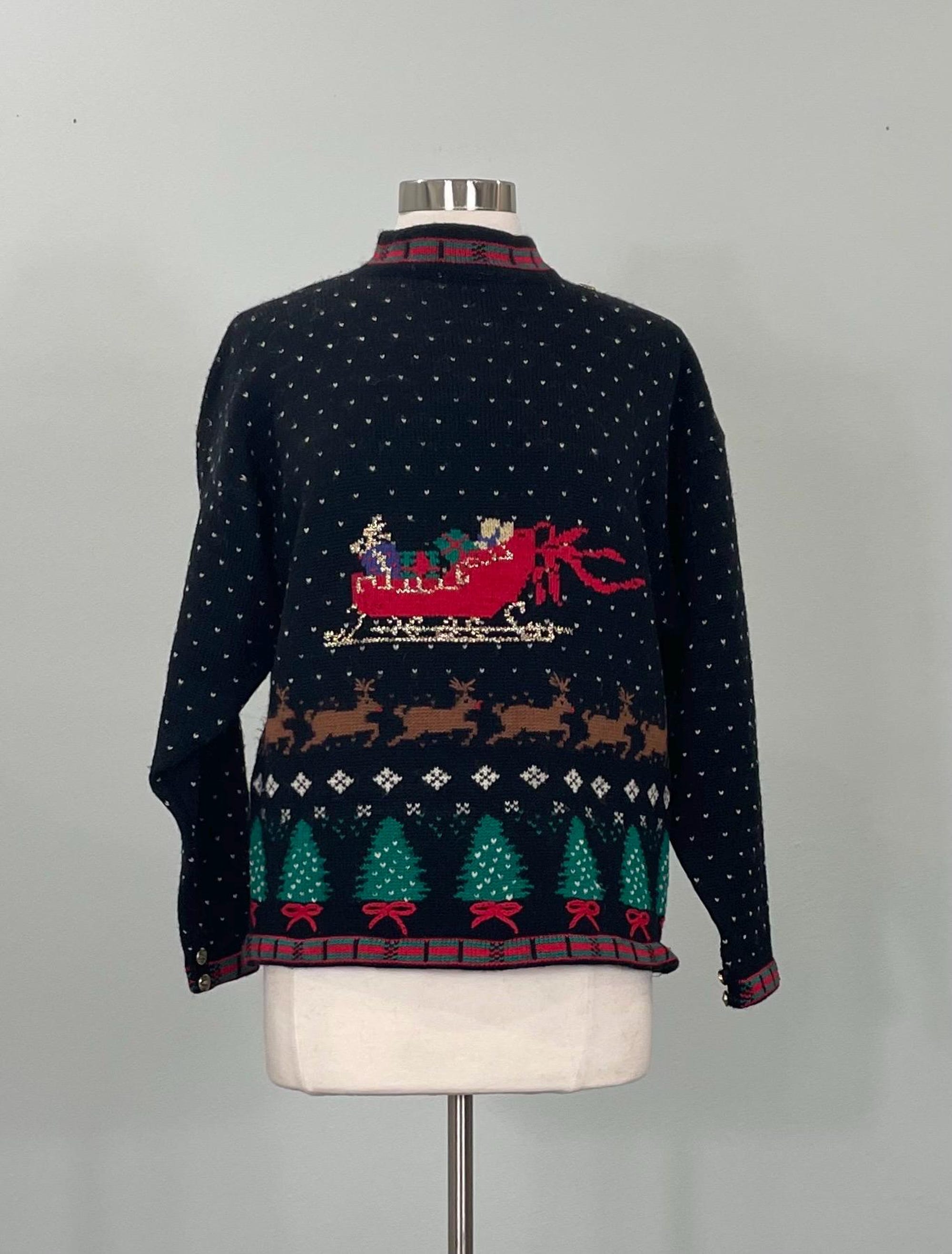 Santa’s Sleigh and Reindeer Wool Christmas Sweater by Deans of Scotland – Size 8/10