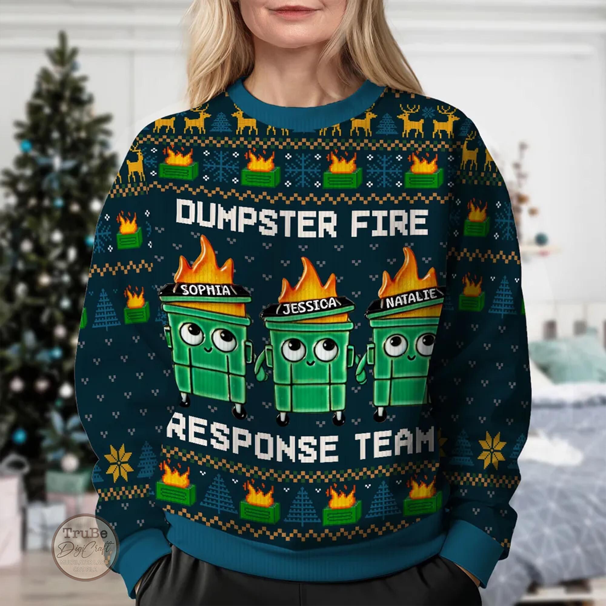 Personalized Dumpster Fire Faux Knitting Ugly Sweater , I’m Fine Everything Is Fine Christmas Sweater, Funny Christmas Gift, Xmas Costume
