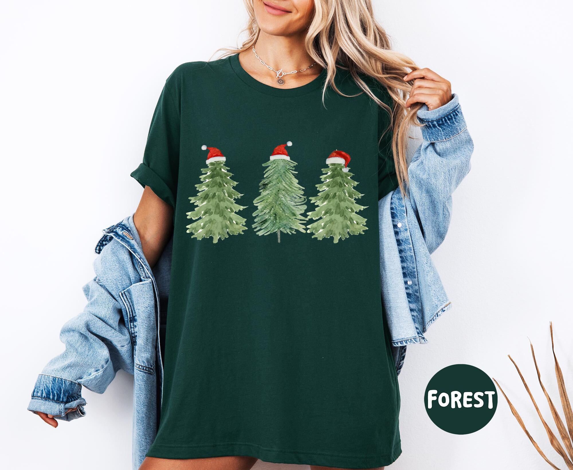 Christmas Trees with Santa Hat Shirt, Merry and Bright Trees, Christmas Shirt, Womans Holiday Shirt, Chic Winter Shirt, Christmas Tree Shirt