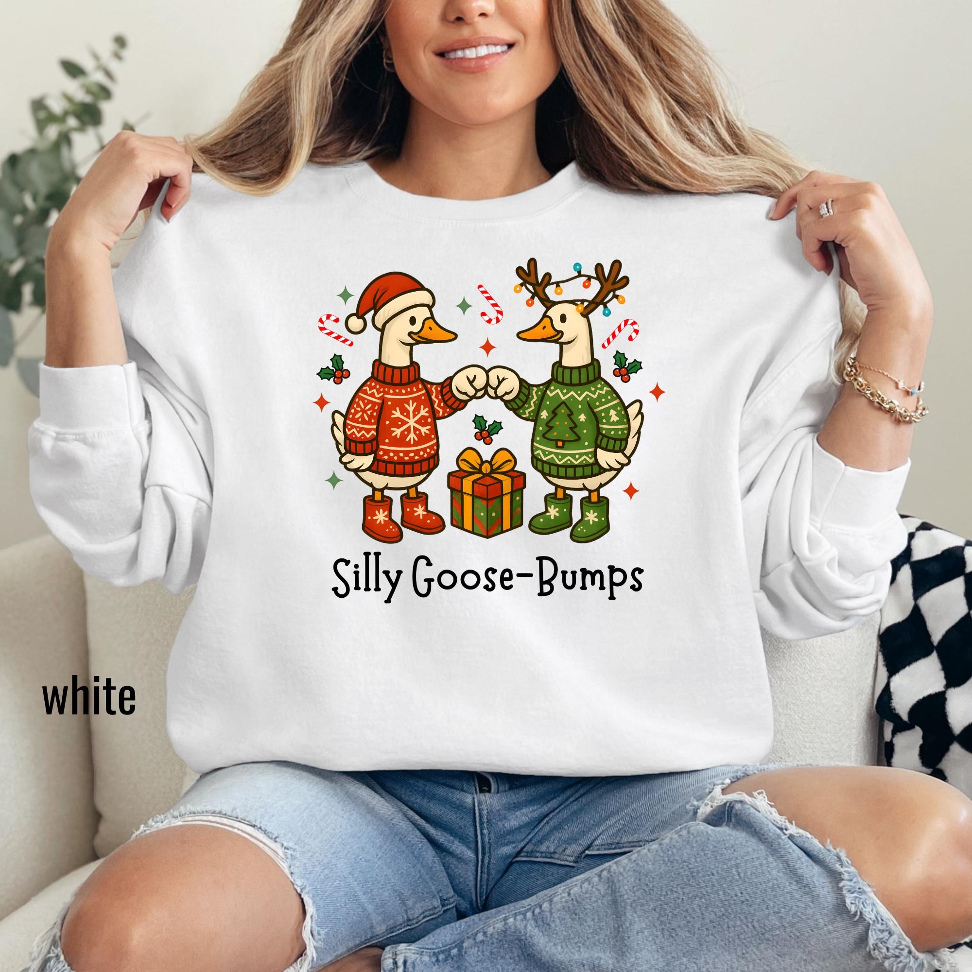 Silly Goose-Bumps Christmas Sweatshirt | Funny Duck Graphic Tee for Holiday Cheer | Xmas Gift Shirt