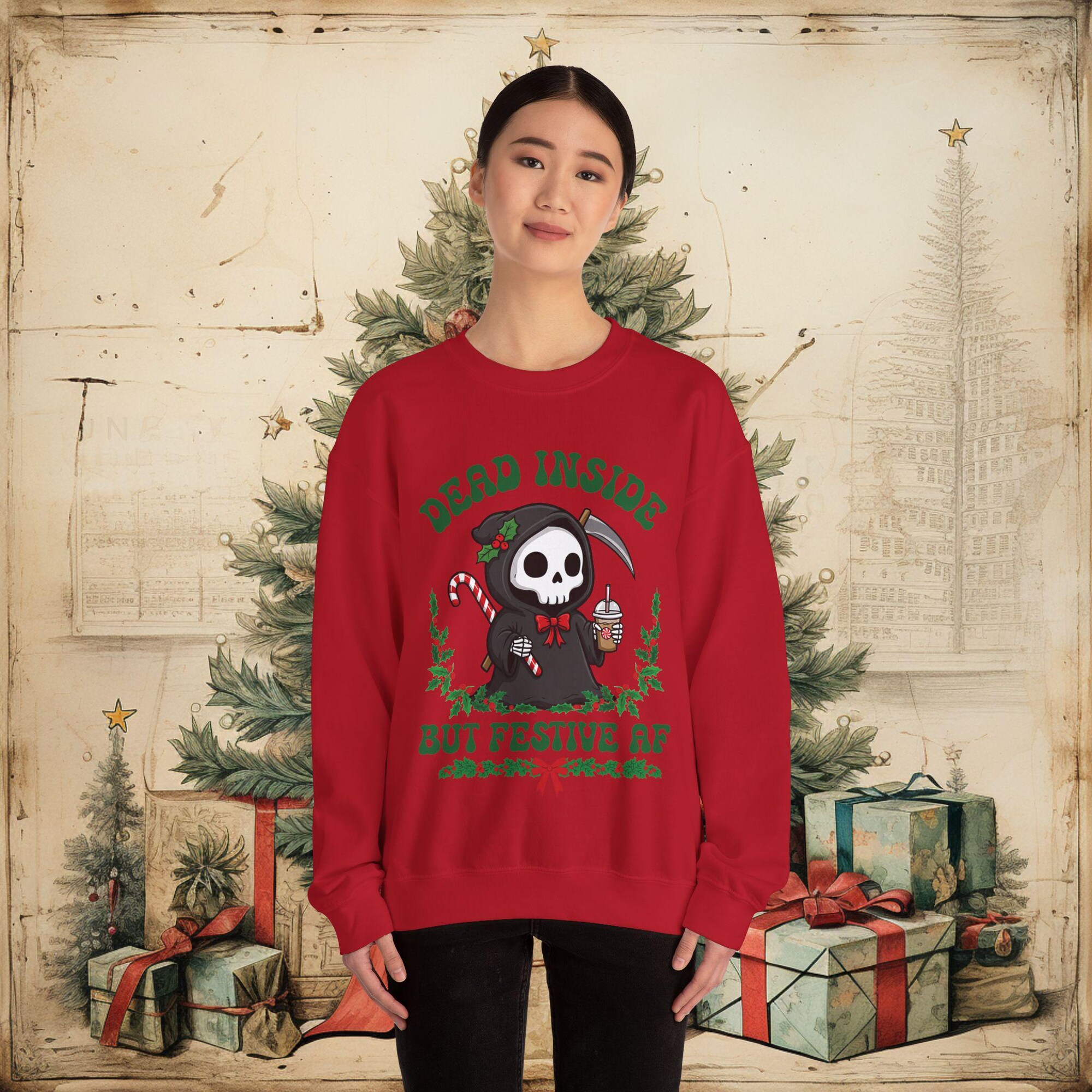 il_2000xN.7217931836_14lu-1.jpg Dead Inside But Festive AF Grim Reaper Christmas Sweatshirt: Merry Creepmas Gildan Crewneck
