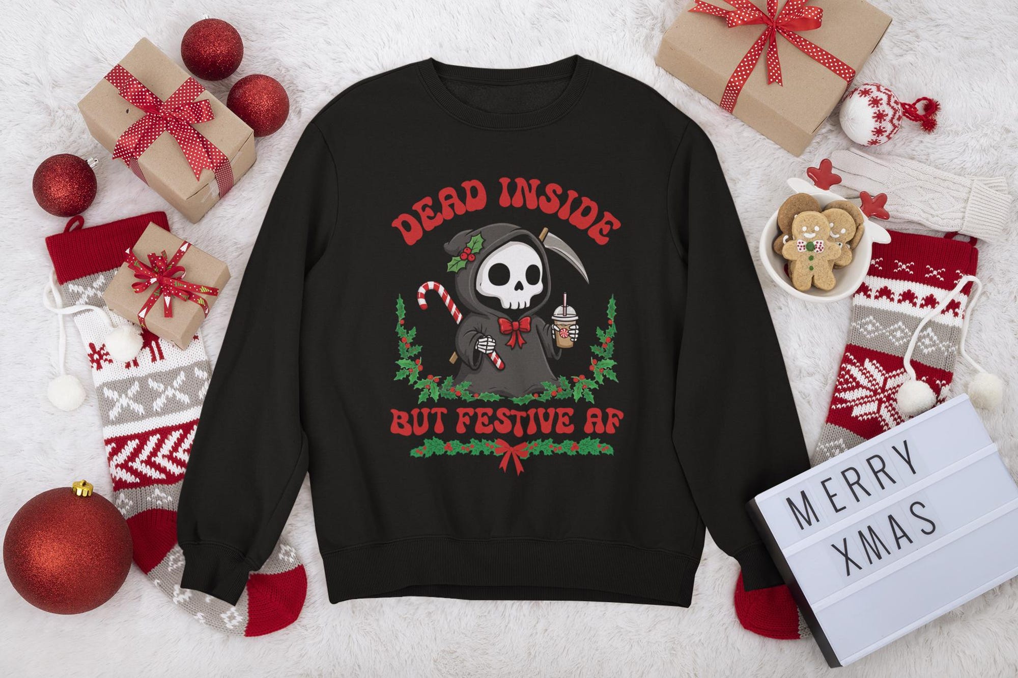 Dead Inside But Festive AF Grim Reaper Christmas Sweatshirt: Merry Creepmas Gildan Crewneck