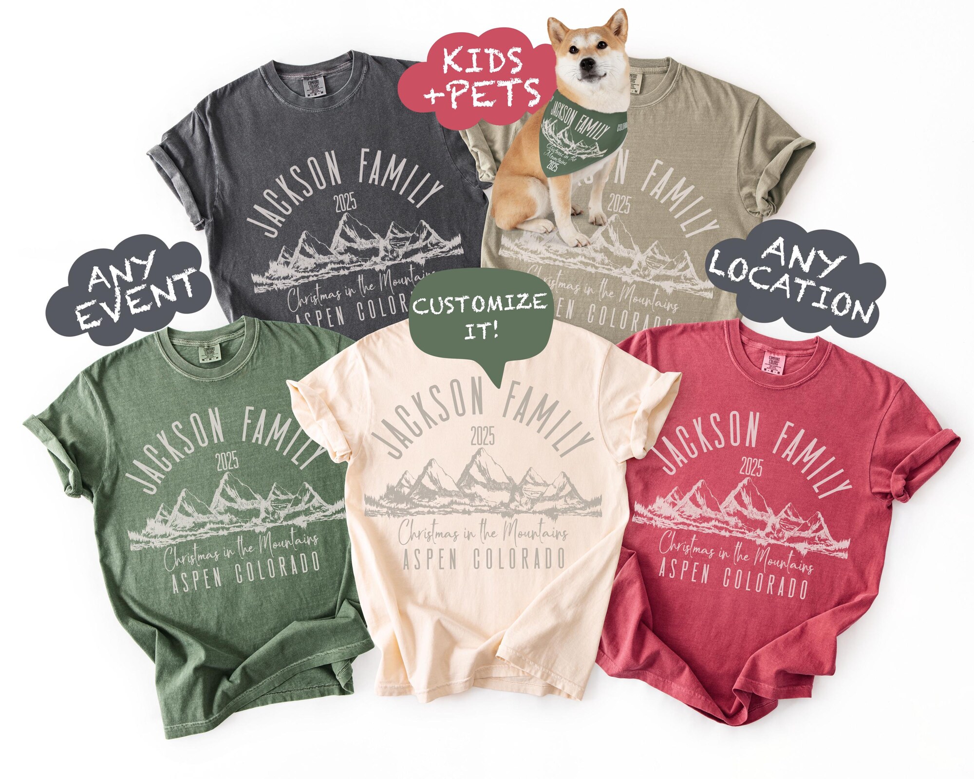 Custom Family Christmas Mountain T-Shirt, Personalized Xmas Family Trip T-Shirt, Family Vacation Shirt, Custom Holiday Adults, Kids, Pets
