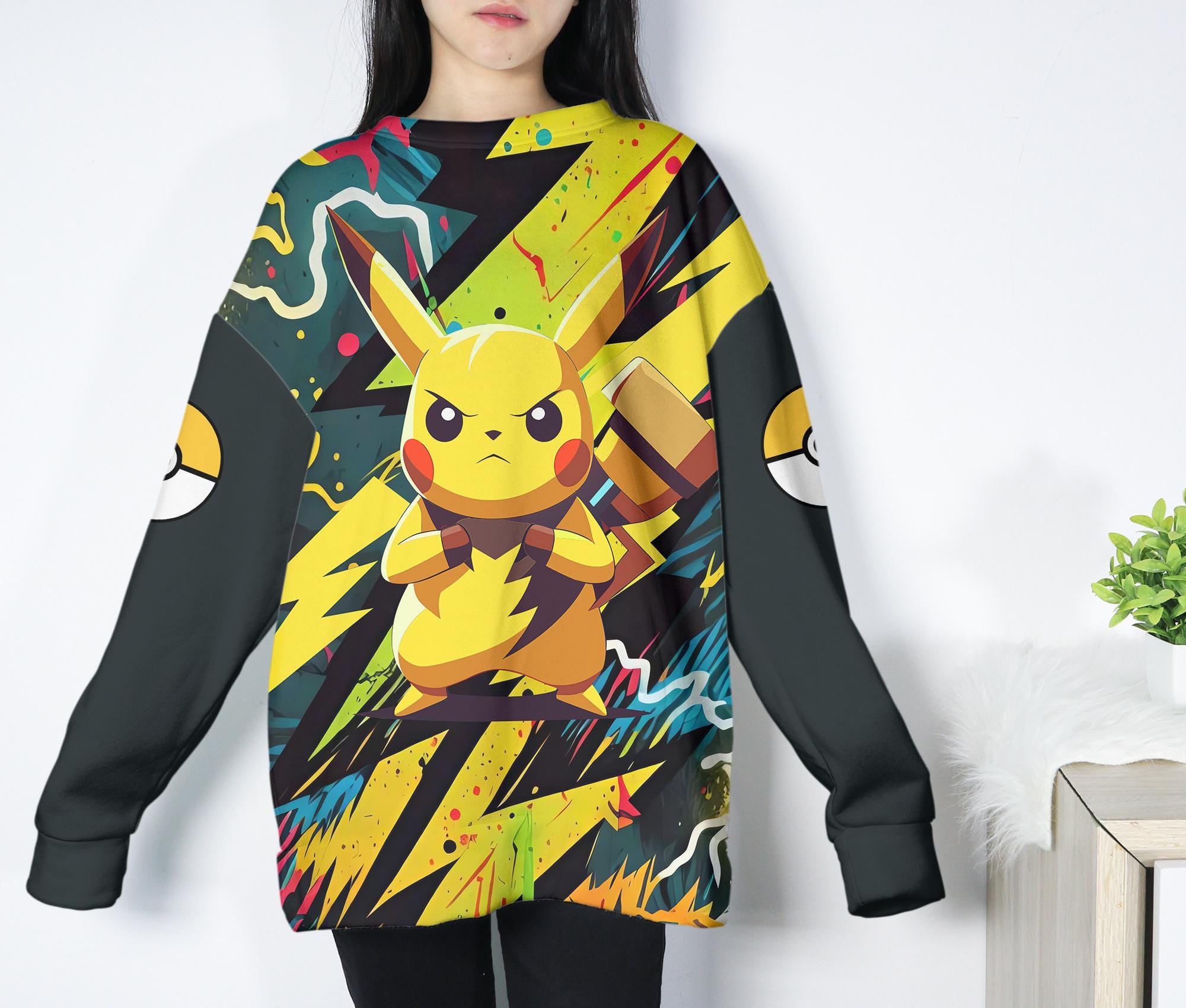il_2000xN.7220410154_o31q.jpg Pikachu Hoodie, Yellow Lightning Graphic Hoodie, Kawaii Unisex Sweatshirt, Cute Crewneck Pullover, Funny Cozy Hoodie, Pikachu Shirt Gifts