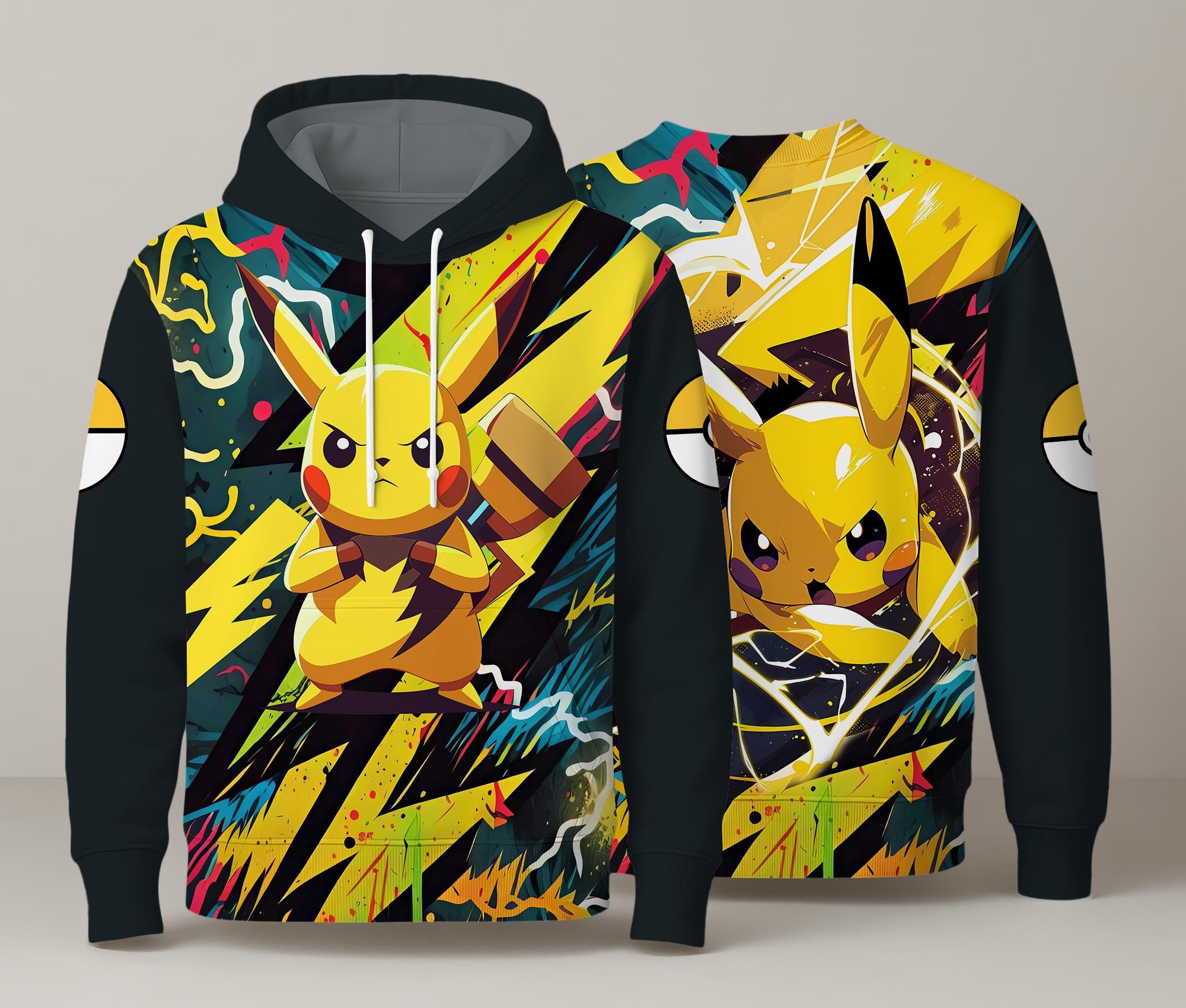 Pikachu Hoodie, Yellow Lightning Graphic Hoodie, Kawaii Unisex Sweatshirt, Cute Crewneck Pullover, Funny Cozy Hoodie, Pikachu Shirt Gifts