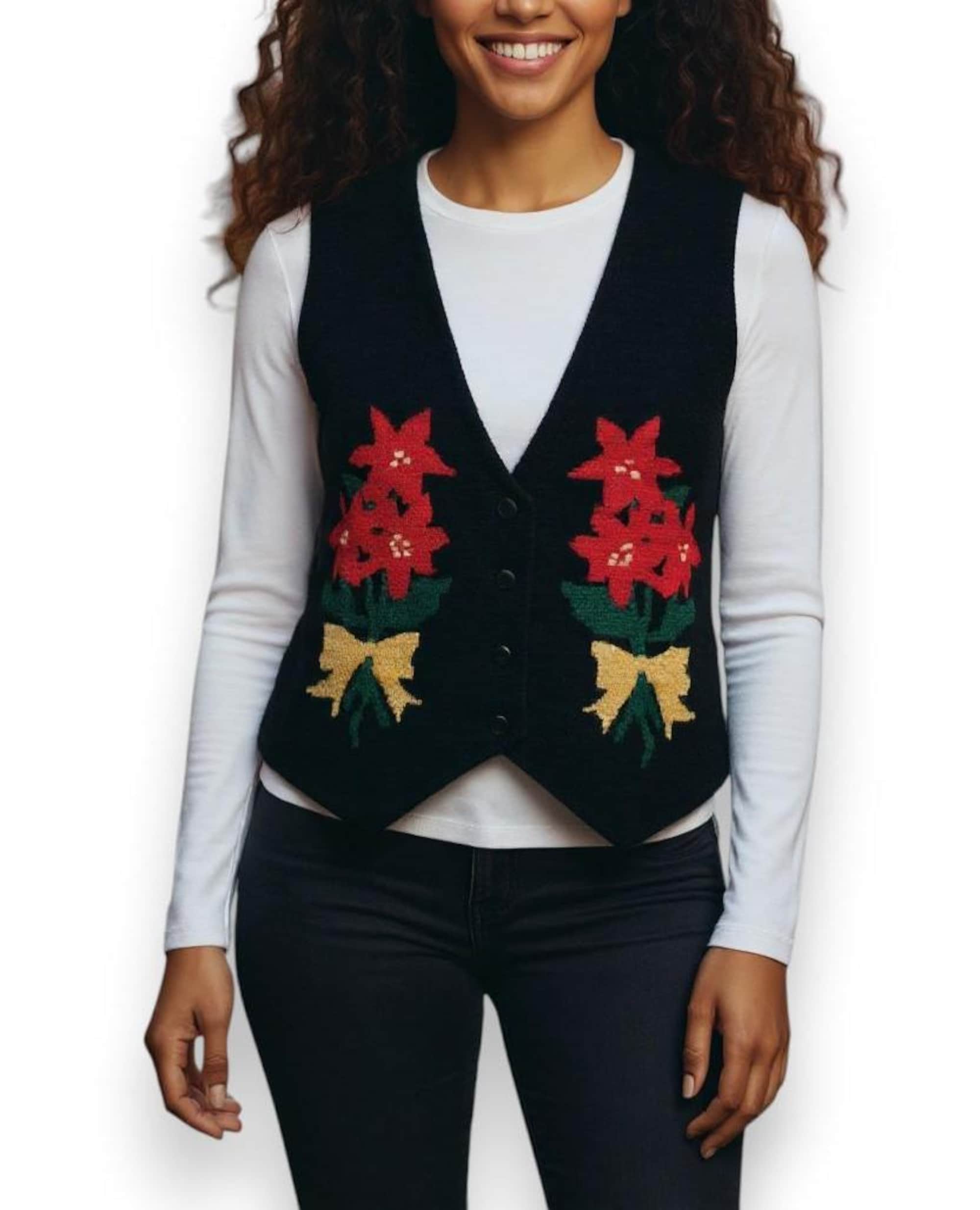 1990s Vintage Eagles Eye Holiday Poinsettia Vest, Black Wool Needlepoint Waistcoat, Red Christmas Flowers, Ugly Sweater Party Attire
