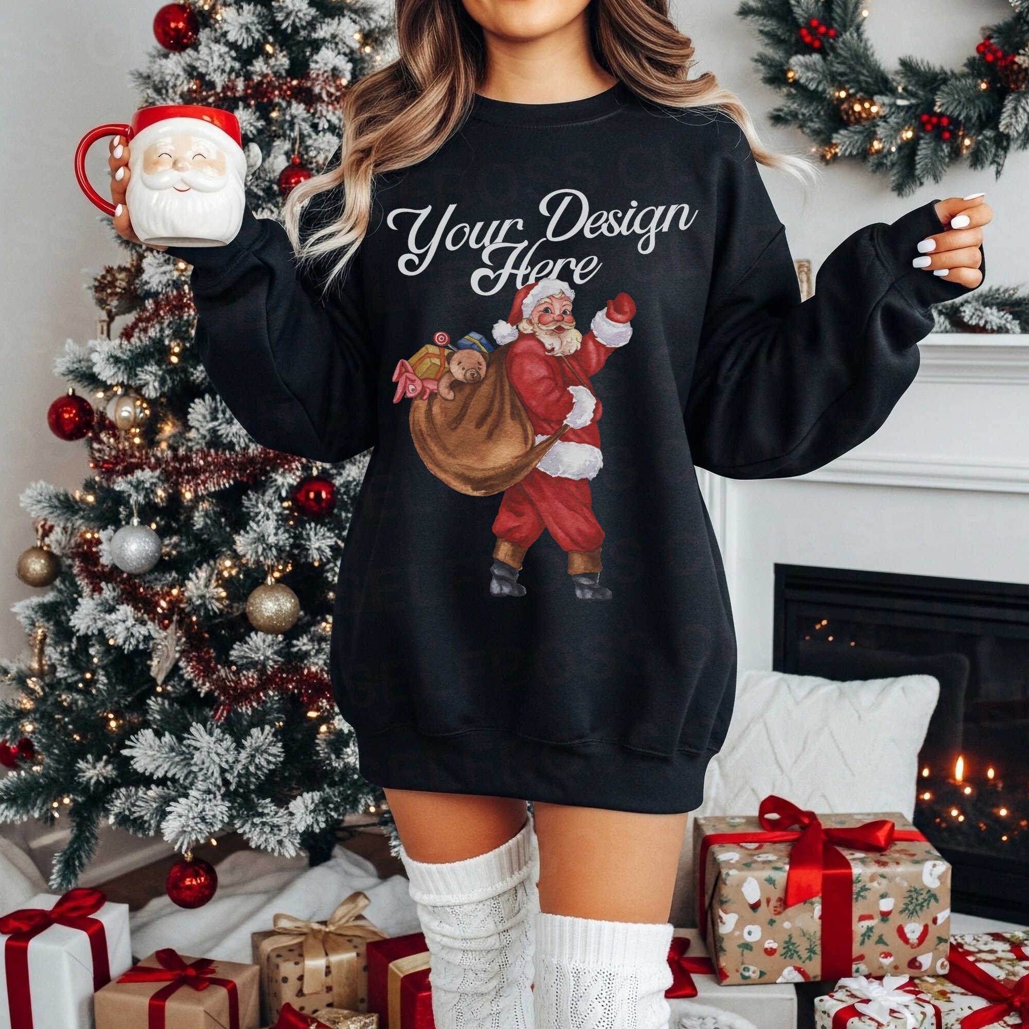 Gildan 18000 Mockup | Black Sweatshirt Mockup | Christmas Morning Sweatshirt Model Mockup | Christmas Sweatshirt Mockup Black Sweatshirt