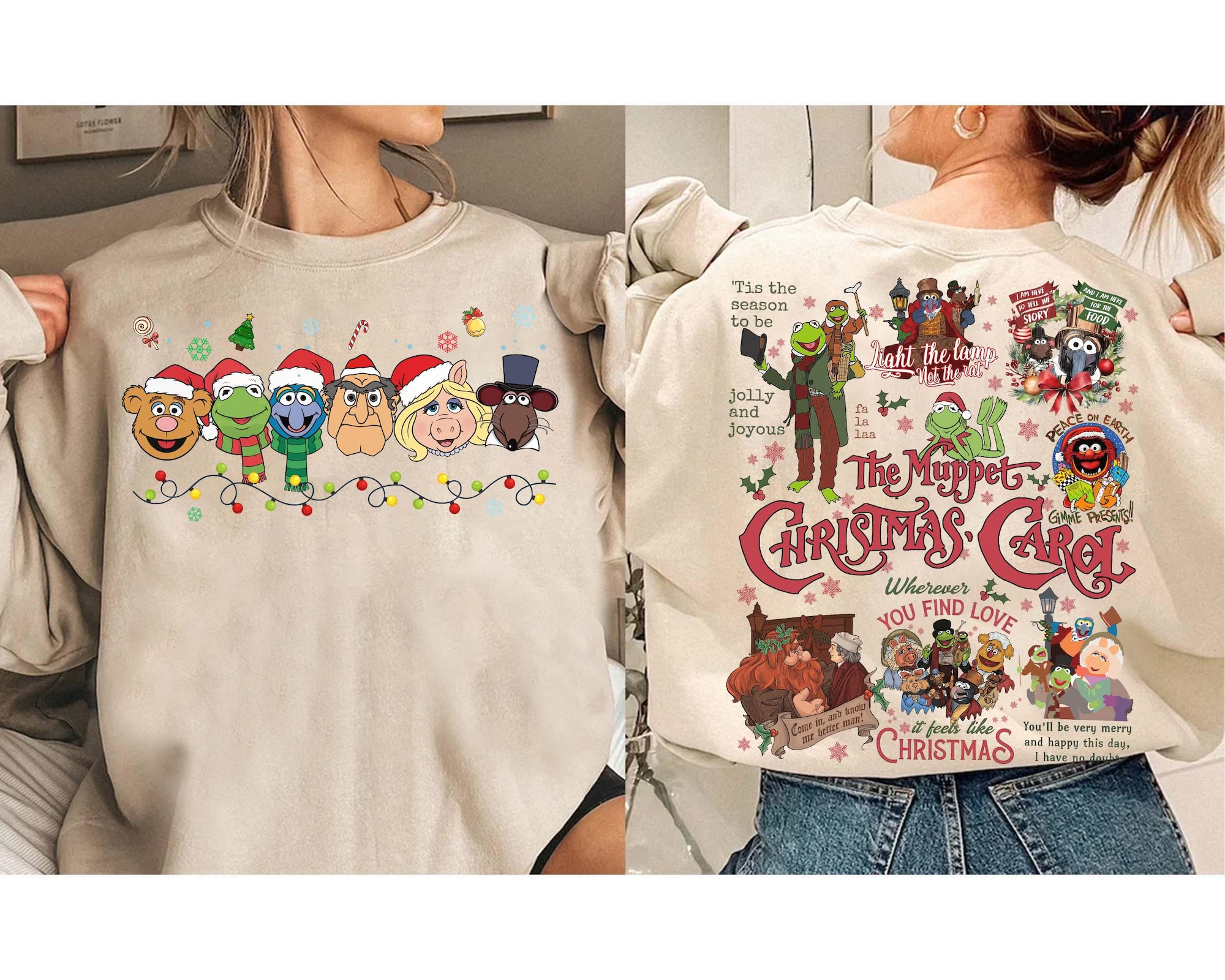 2-sided The Muppets Christmas Carol shirt Christmas Lights, Gonzo and Rizzo Miss Piggy Scrooge Kermit Fozzie Bear, Disneyland Christmas Tee