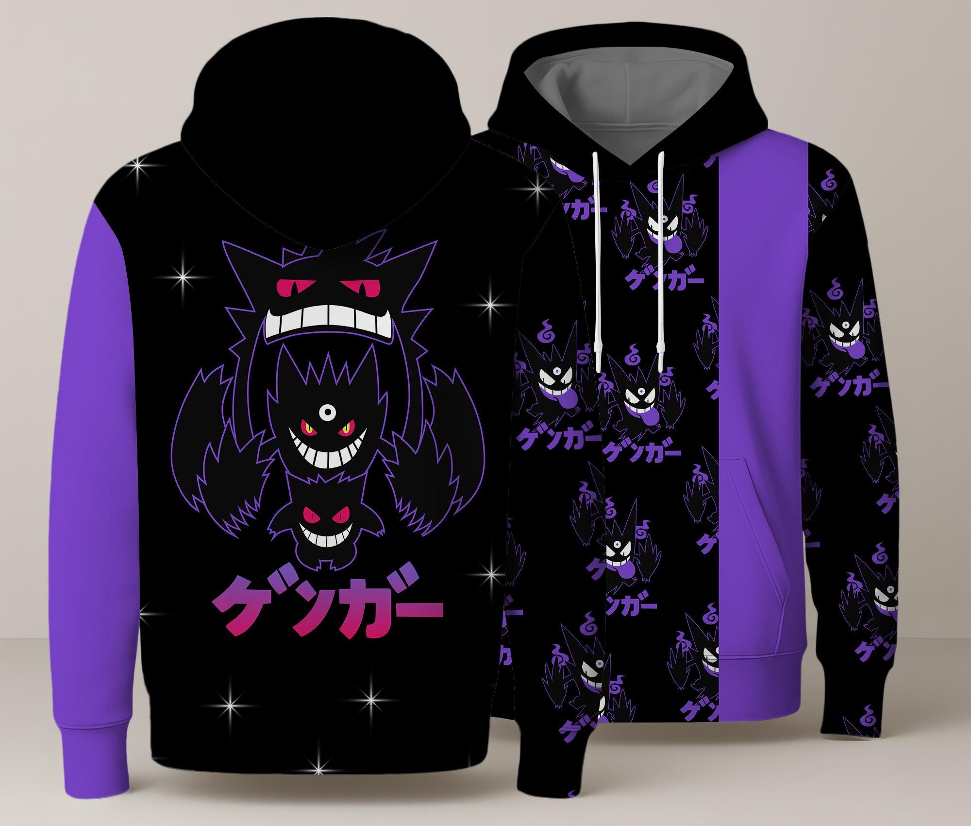 Gengar Hoodie, Black Purple Graphic Hoodie, Kawaii Unisex Sweatshirt, Cute Crewneck Pullover, Funny Cozy Hoodie, Gengar Shirt Gifts