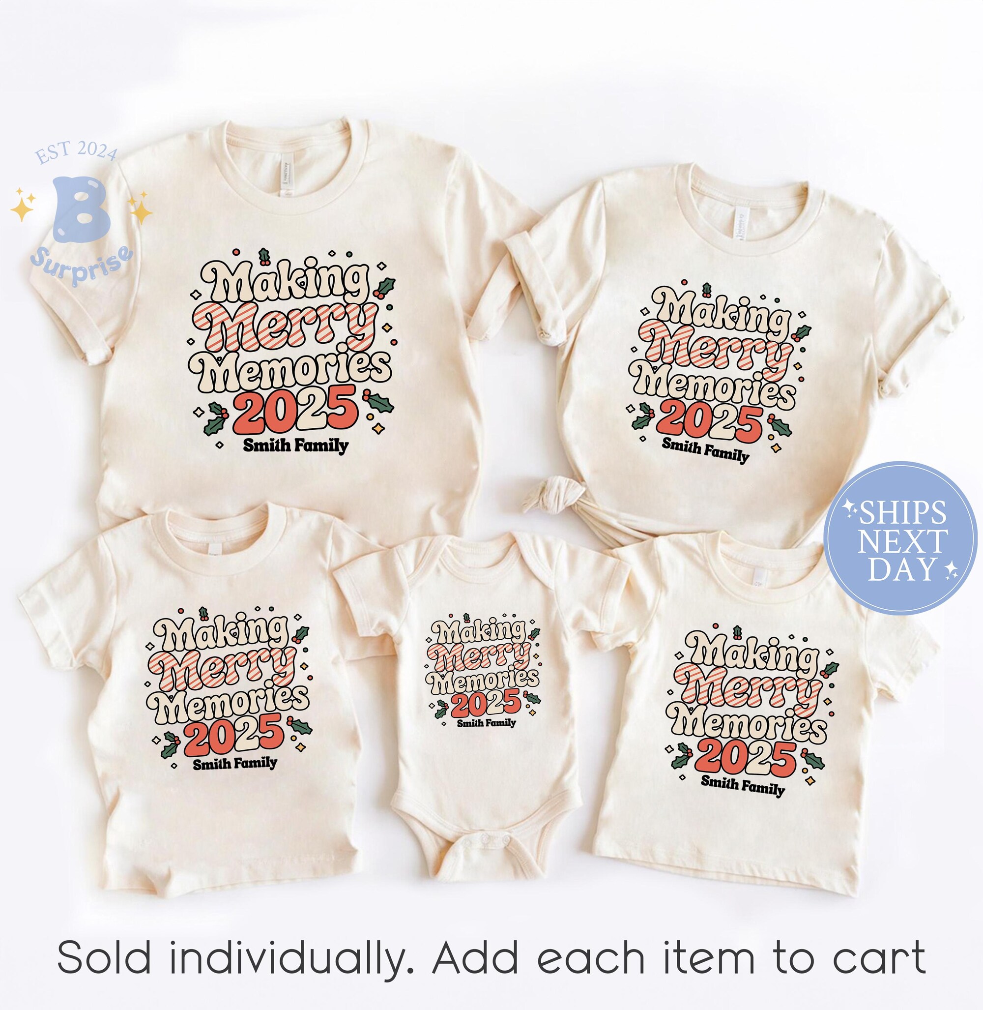 Making Merry Memories Family Christmas Shirt or Baby Bodysuit – Custom Retro Holiday Tee Natural 2025