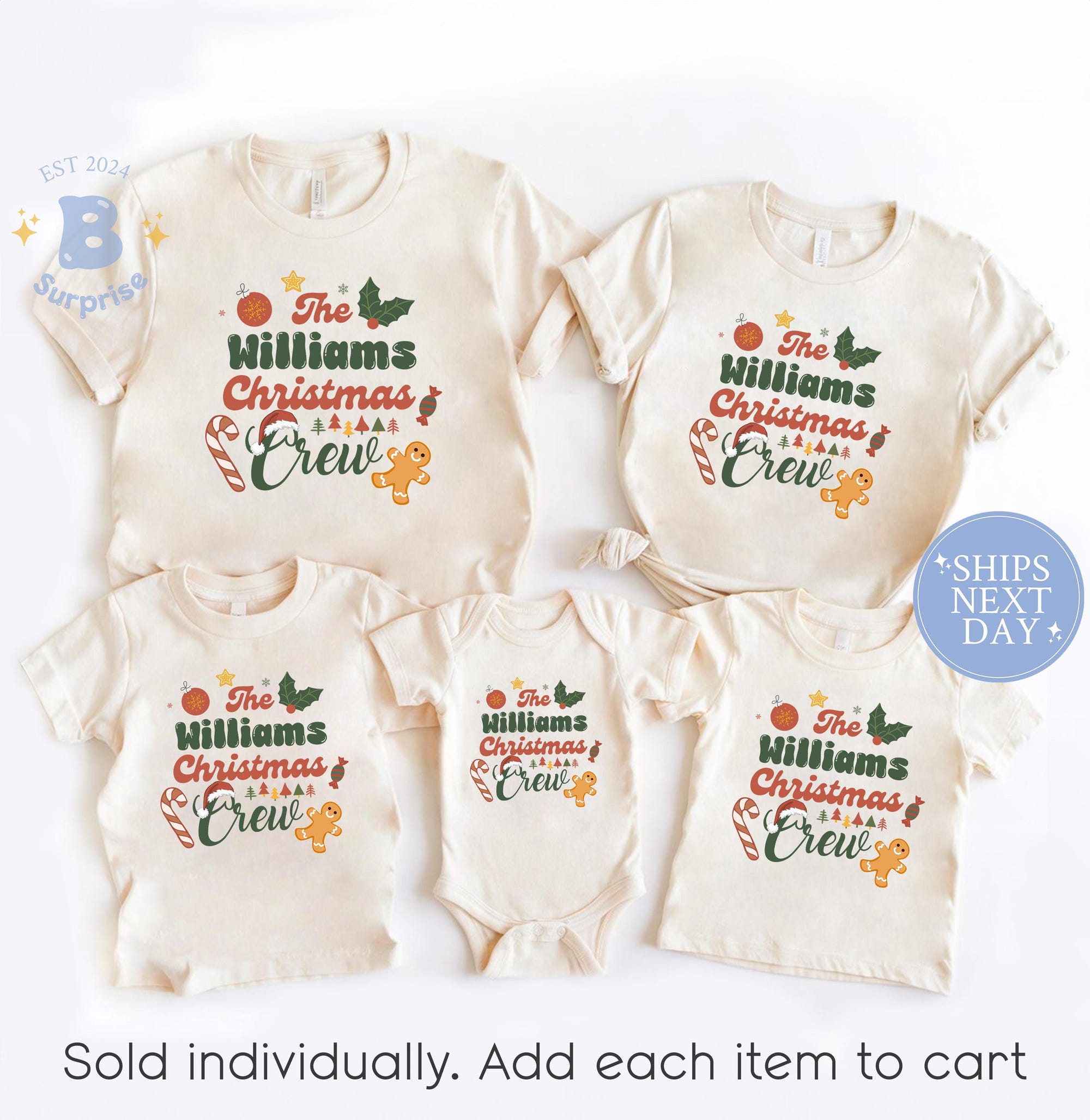 Personalized Family Christmas Crew Shirt – Natural Holiday Tee or Bodysuit – Custom Name Gingerbread Design