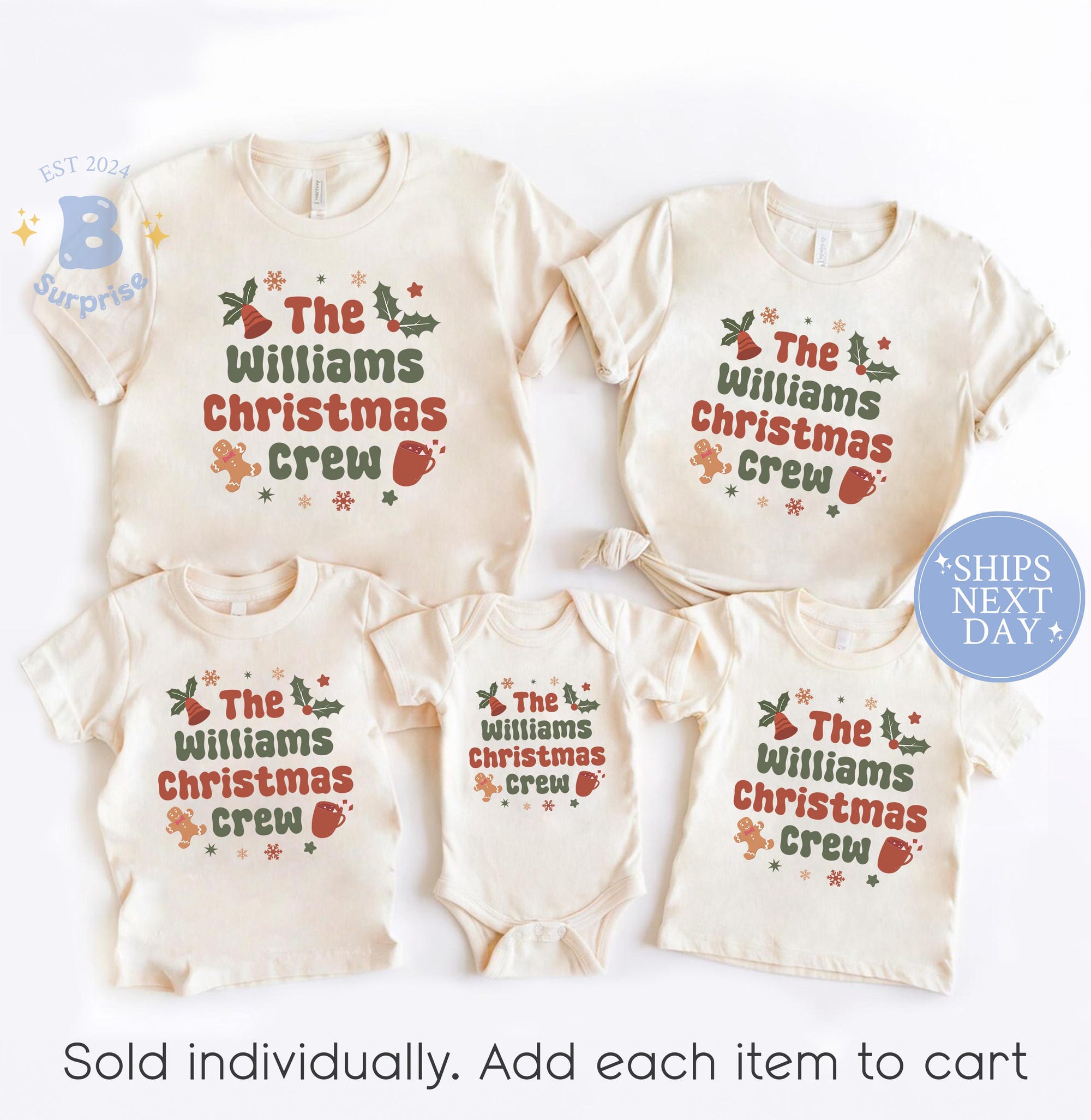 Personalized Christmas Crew Family Shirt – Custom Name Holiday Natural Tee or Bodysuit – Festive Gingerbread Design