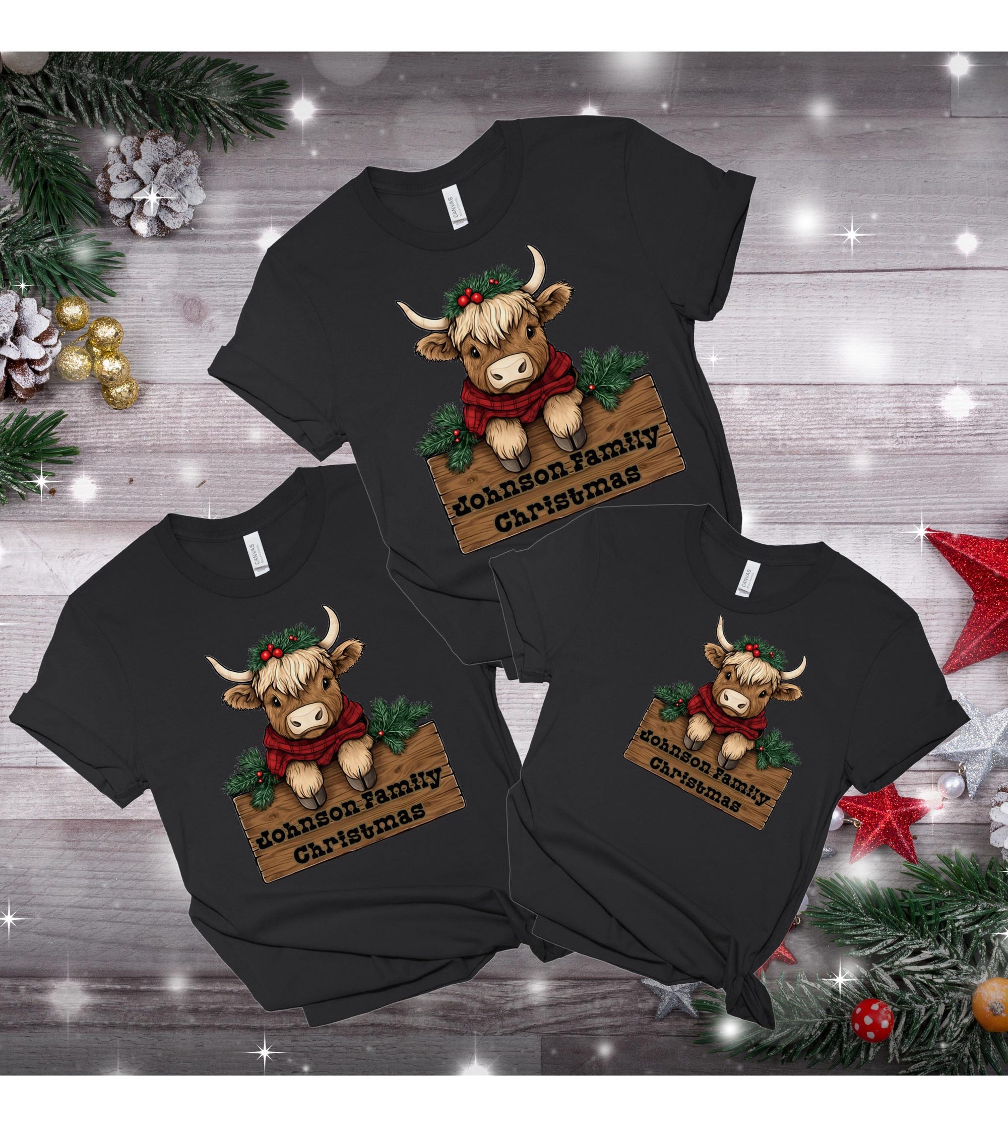 Custom Western Family Christmas Tees, Unisex Jersey Short Sleeve Tee, Personalized Christmas Cow Shirts for Group, Festive Matching Cow Top