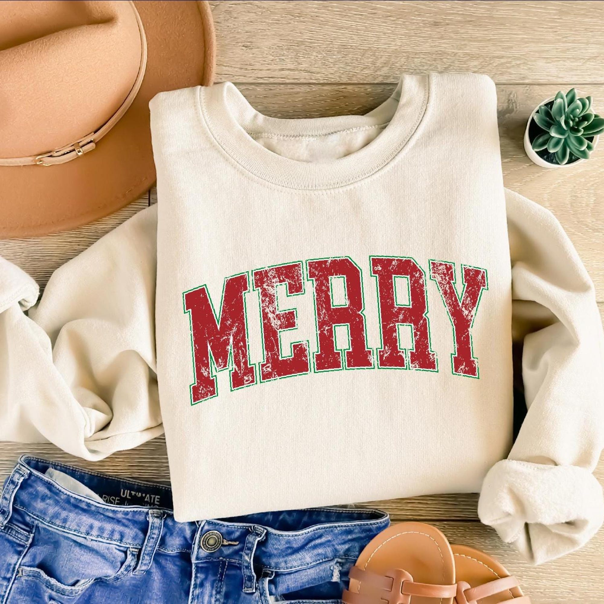 Retro Merry Christmas Sweatshirt : Cute Holiday Gift, Womens Xmas Graphic Tee