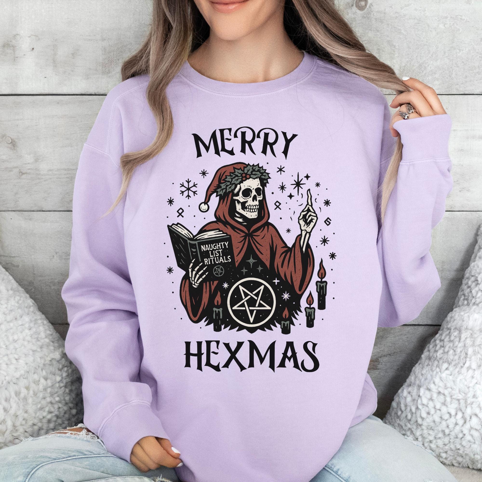 il_2000xN.7225361606_kfv0.jpg Creepy Christmas Shirt Merry Hexmas Sweatshirt Gothic Christmas Sweatshirt, Skeleton Holiday Shirt, Whimsigoth Christmas Sweatshirt Creepmas