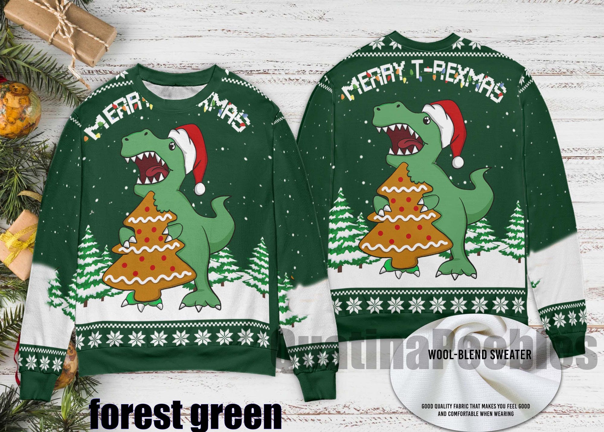 il_2000xN.7226190116_p726.jpg T-Rex And Christmas Tree Cookies Ugly Sweater, Jurassic Park Christmas Sweater, Unisex Funny Sweater for Family, Christmas Ugly Sweater