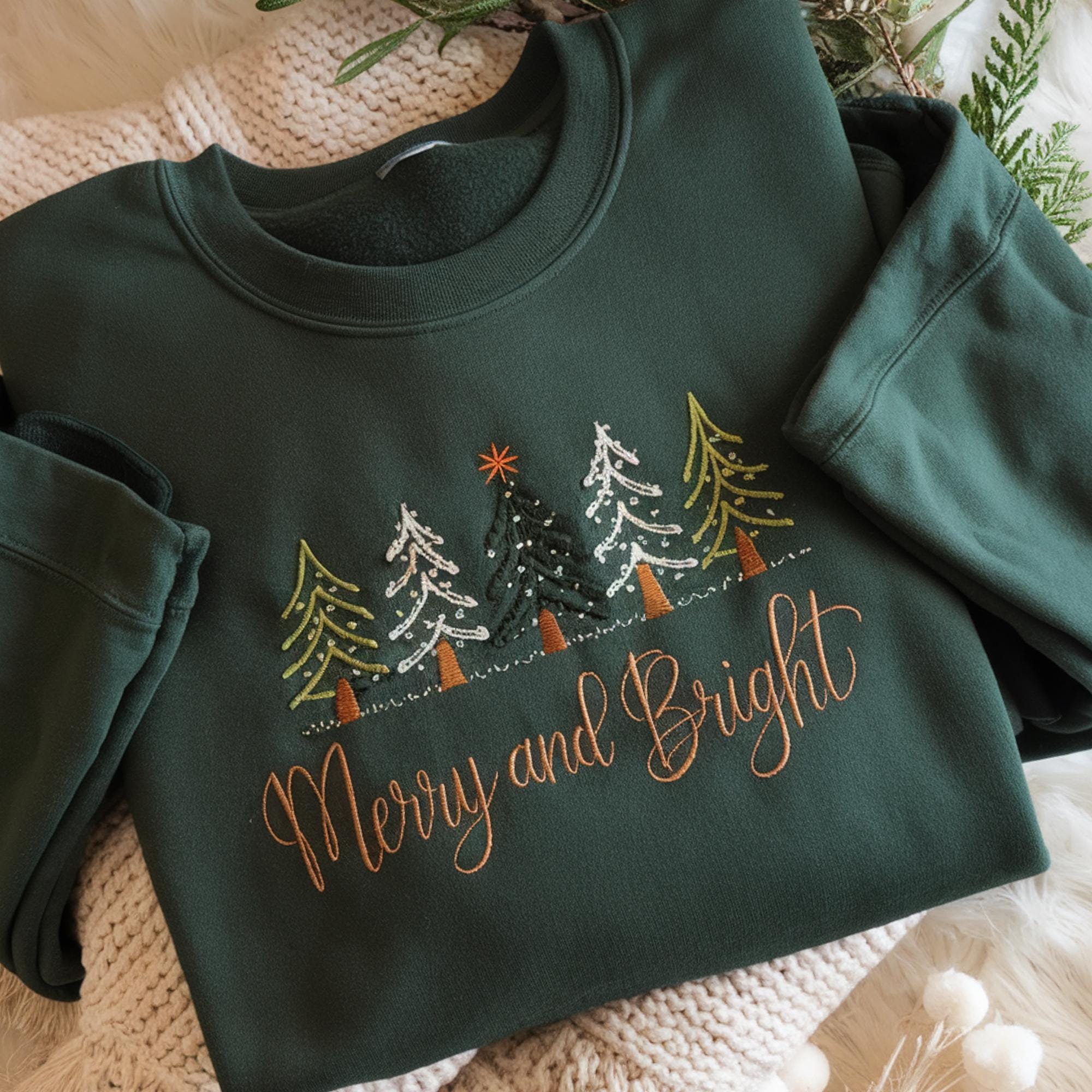 il_2000xN.7230213022_qdto-3.jpg Merry and Bright Embroidered Sweatshirt, Christmas Tree Shirt, Merry Christmas Tee, Christmas Shirt, Holiday Gift, Christmas Gifts