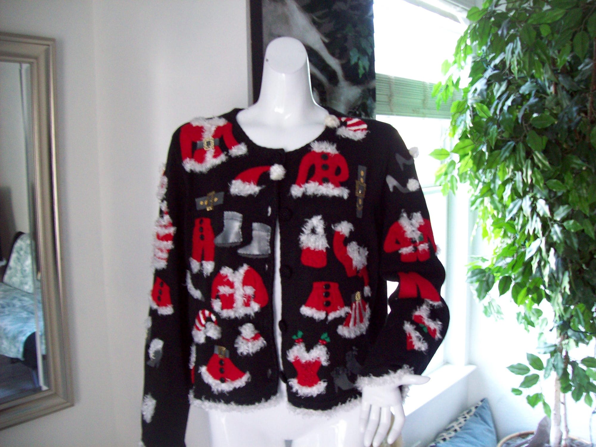 Christmas Cardigan Ugliest XMas Knitted Sweater White Furry Trim Santa Suits Shoes Pattern Red Black Christmas Party Sz XL