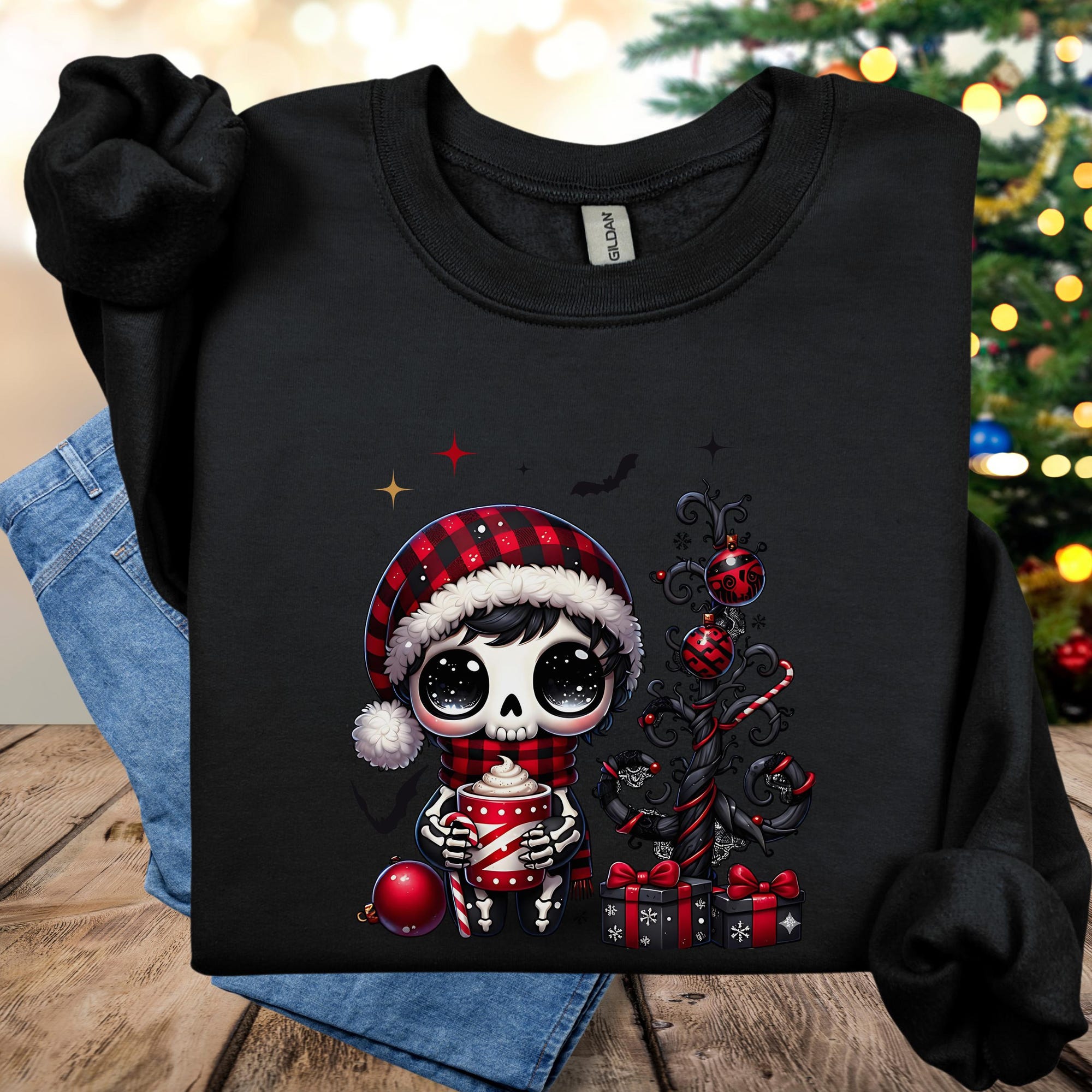 il_2000xN.7231934100_coao.jpg Chibi Goth Christmas Sweatshirt, Cute Holiday Crewneck Jumper, Festive Emo Xmas Pullover, Pink Christmas Winter Apparel, Dark Kawaii Santa
