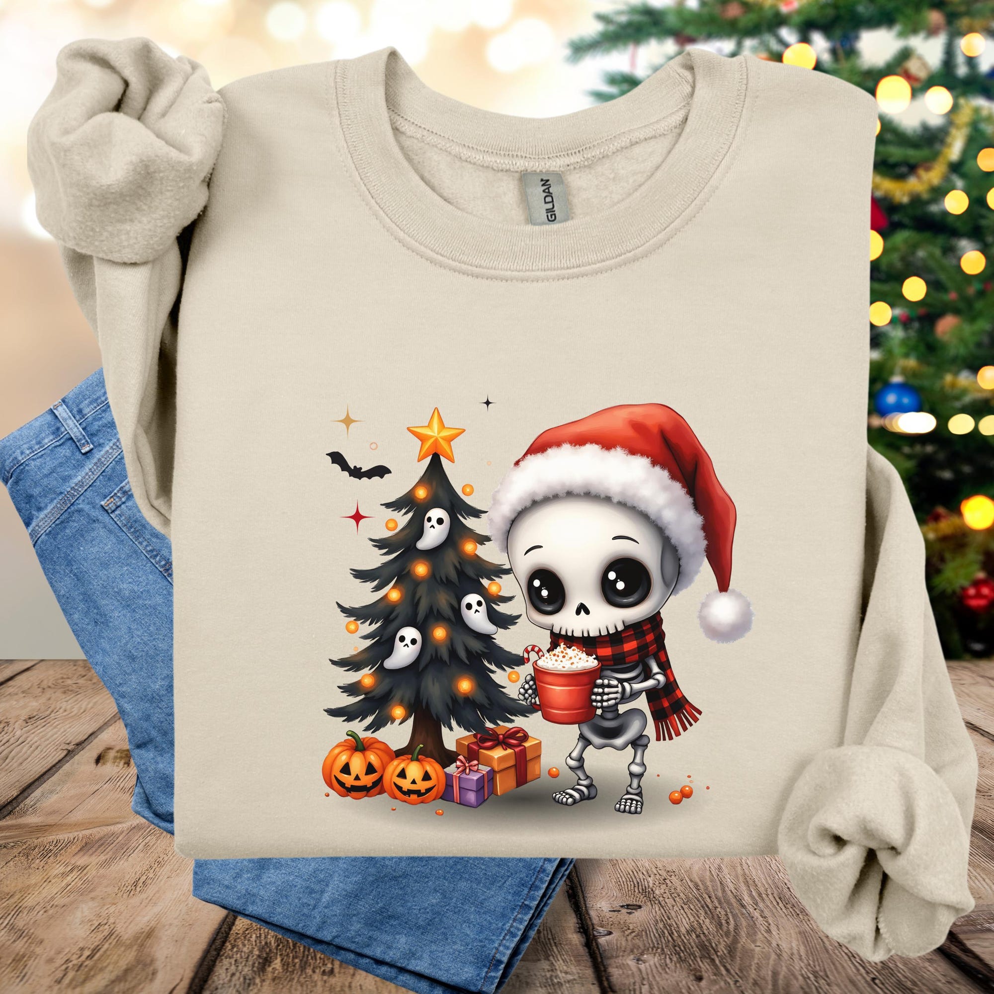 il_2000xN.7231943056_ruqa.jpg Chibi Goth Christmas Sweatshirt, Cute Holiday Crewneck Jumper, Festive Emo Xmas Pullover, Black and White Winter Apparel, Dark Kawaii Santa