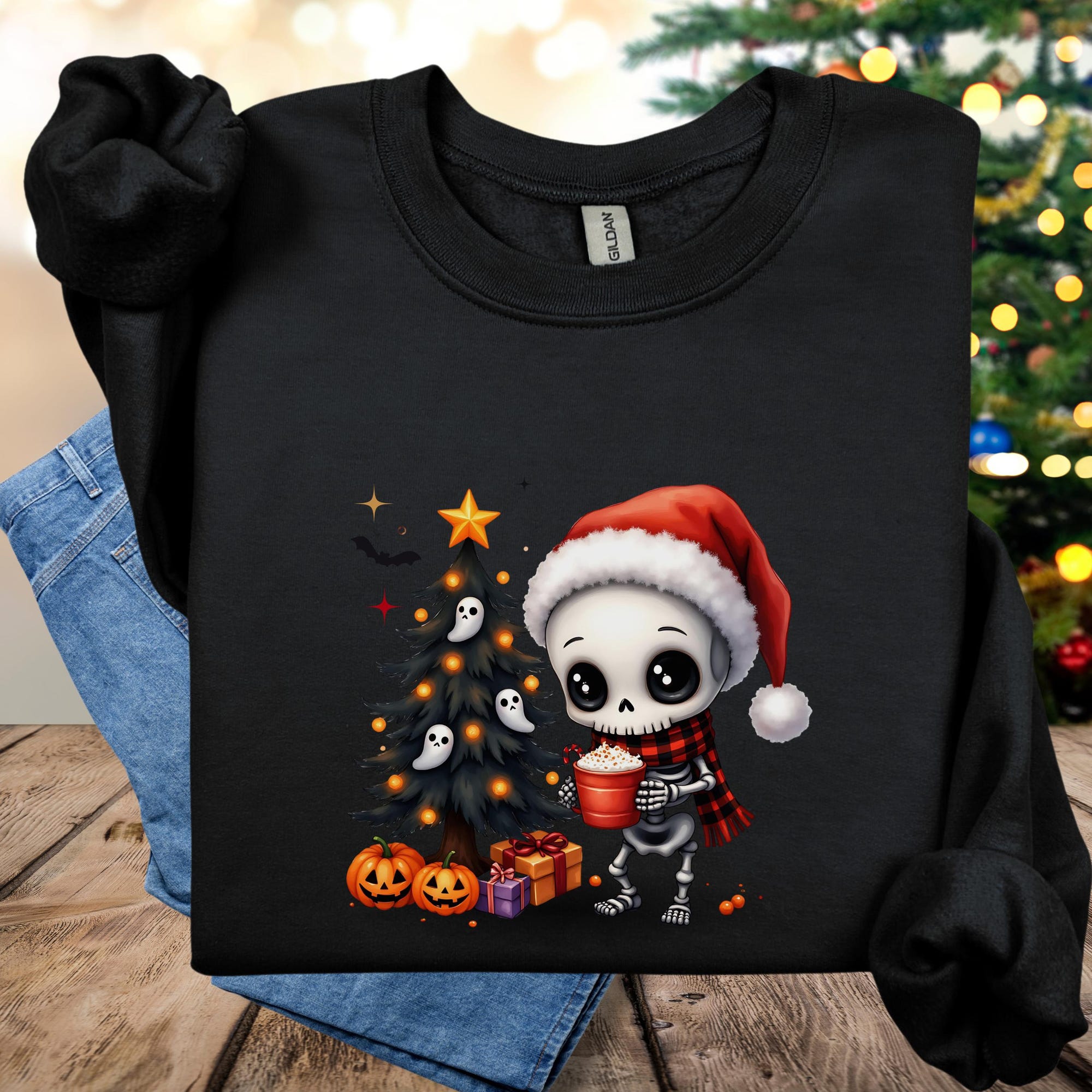 il_2000xN.7231943086_oq76.jpg Chibi Goth Christmas Sweatshirt, Cute Holiday Crewneck Jumper, Festive Emo Xmas Pullover, Black and White Winter Apparel, Dark Kawaii Santa