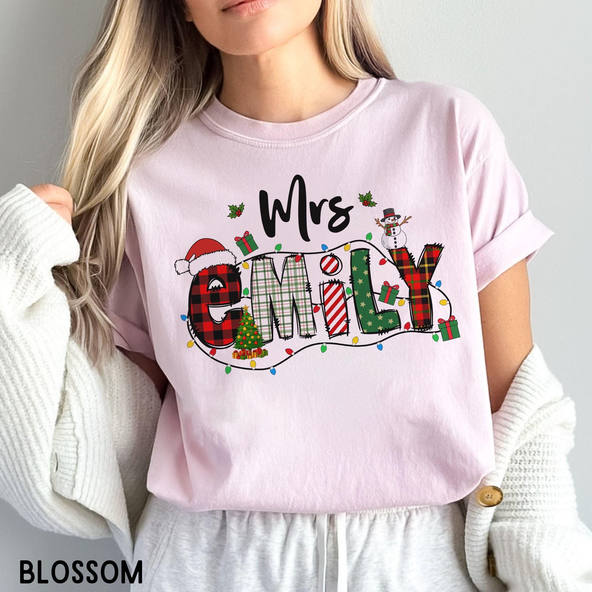 Teacher Christmas Name Shirt,Doodle Alphabet Teacher Christmas Shirt,Personalized Christmas Teacher T-Shirt,Custom Christmas Shirt With Name