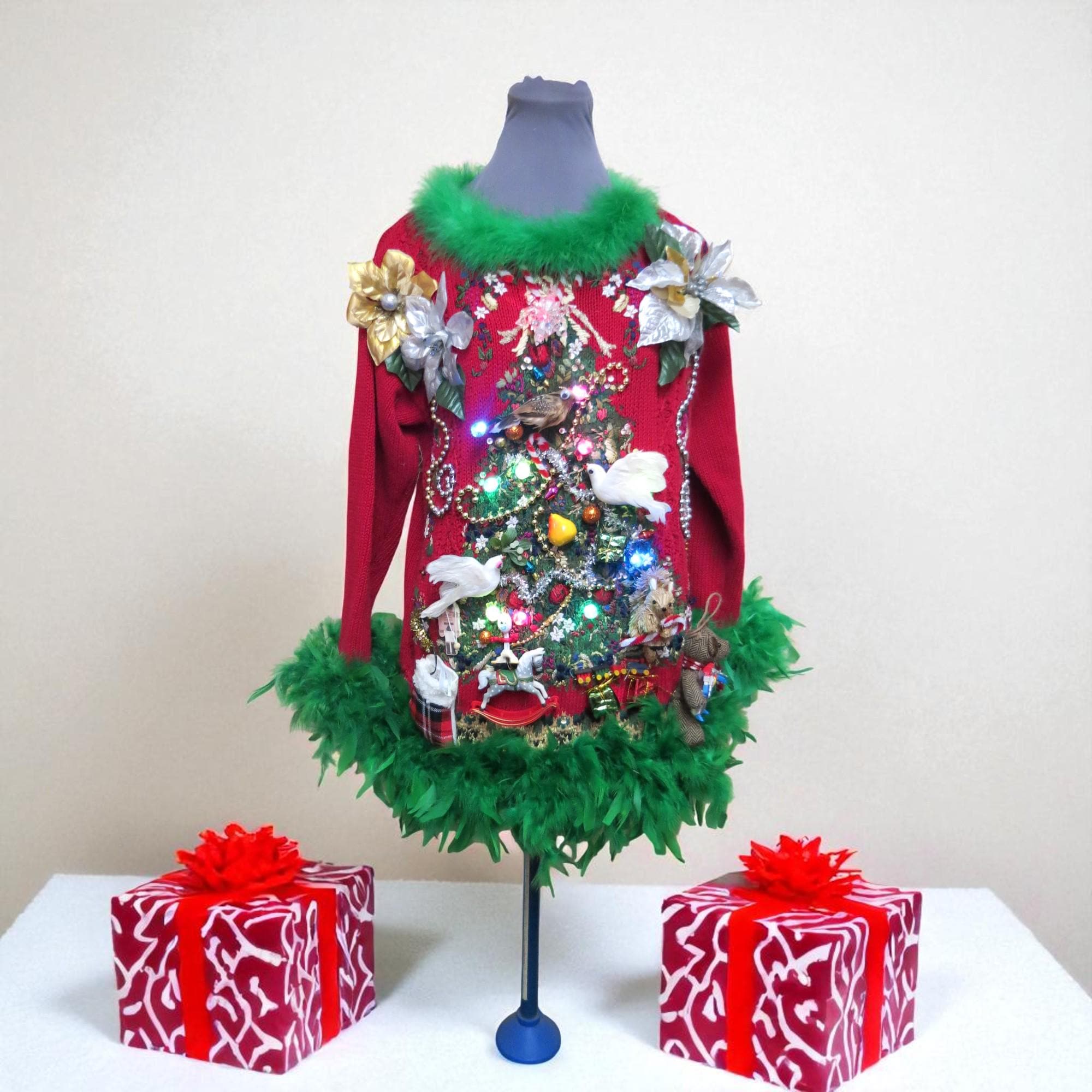 2 Turtle Doves, a Partridge. a squirrel and Pear in a Christmas Tree Tacky Ugly Christmas Sweater Feathers Womens Small