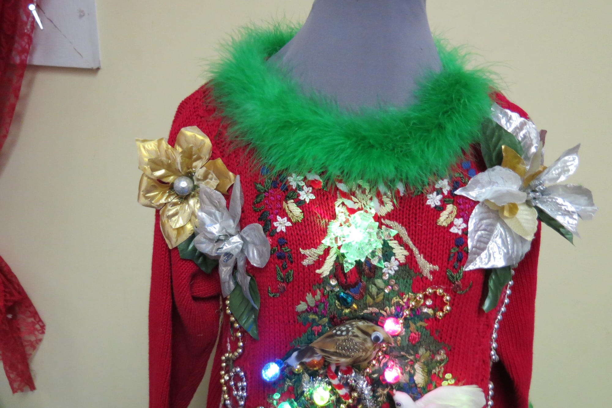 il_2000xN.7232620698_6xtd-1.jpg 2 Turtle Doves, a Partridge. a squirrel and Pear in a Christmas Tree Tacky Ugly Christmas Sweater Feathers Womens Small